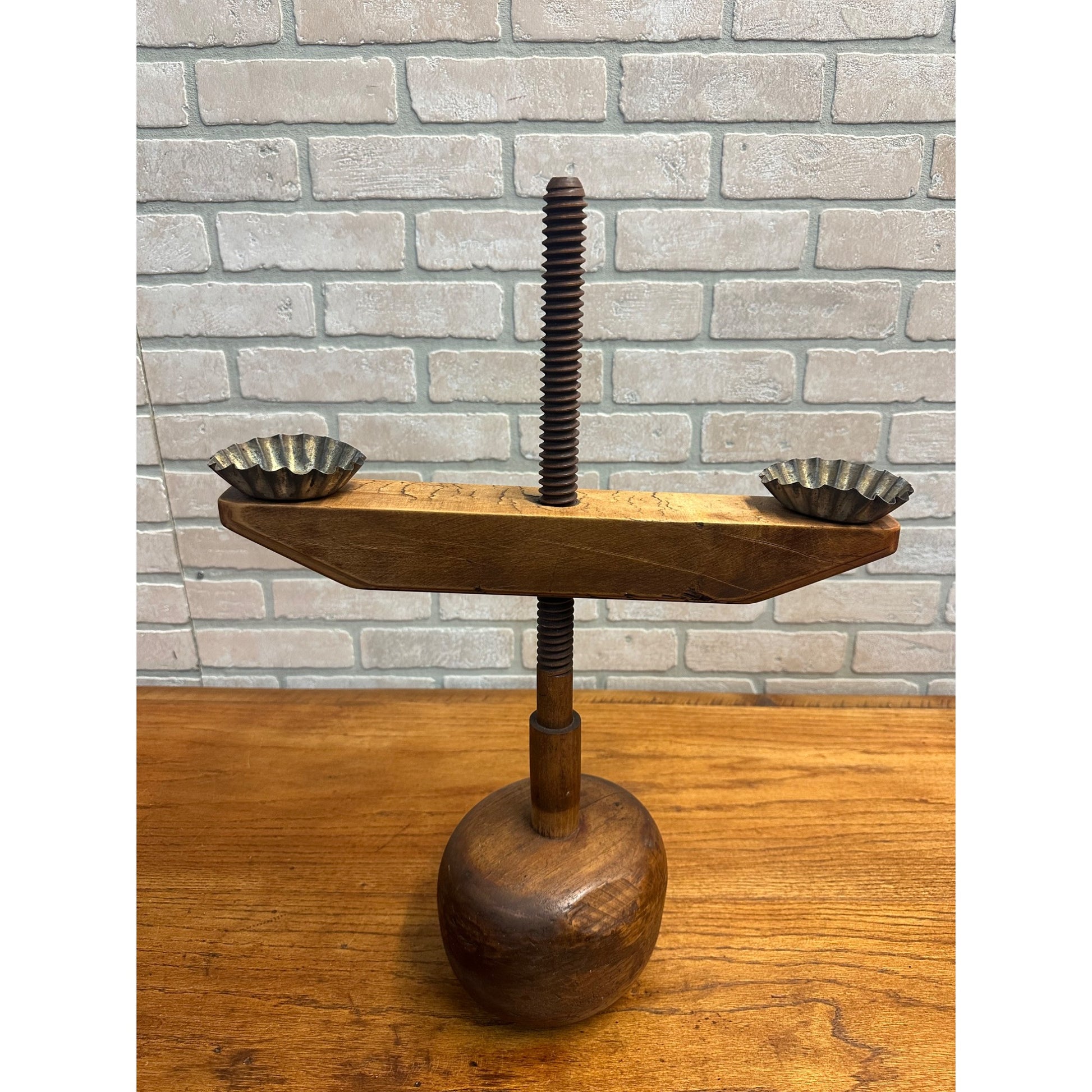 Antique Primitive Double Candle Stand Tin Wood Adjustable Height Weighted Base