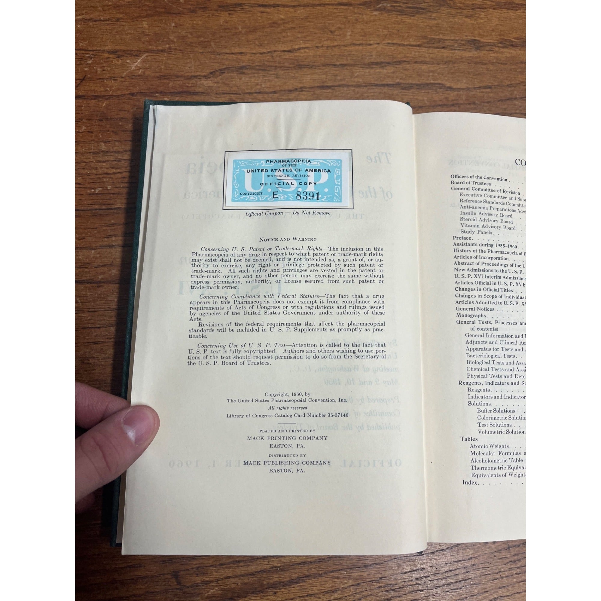 1960 Pharmacopeia of United States 16th Revision Pharmacy Hardcover