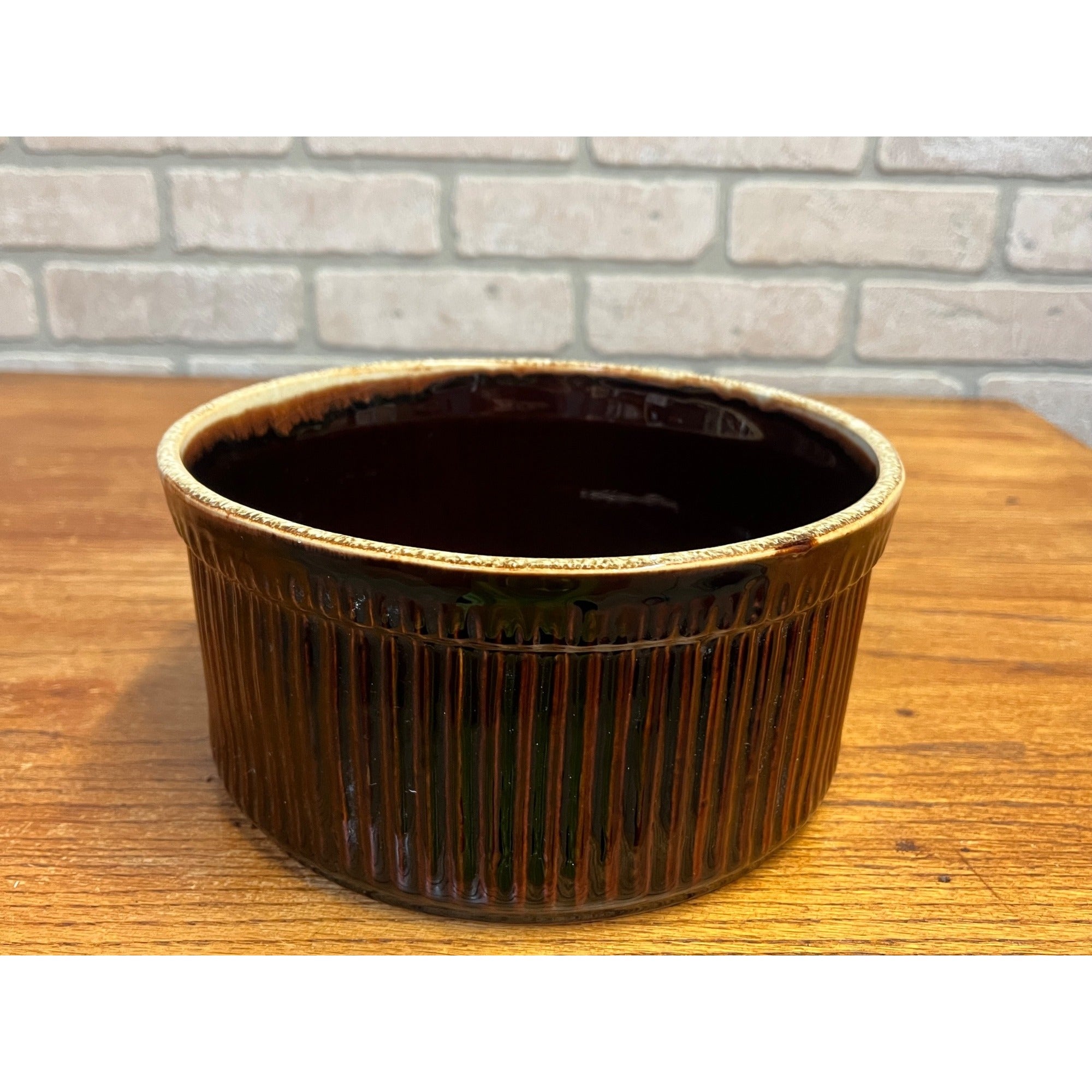 Vintage Pfaltzgraff Brown Ribbed Souffle Casserole Baking Dish #398 Drip Glaze