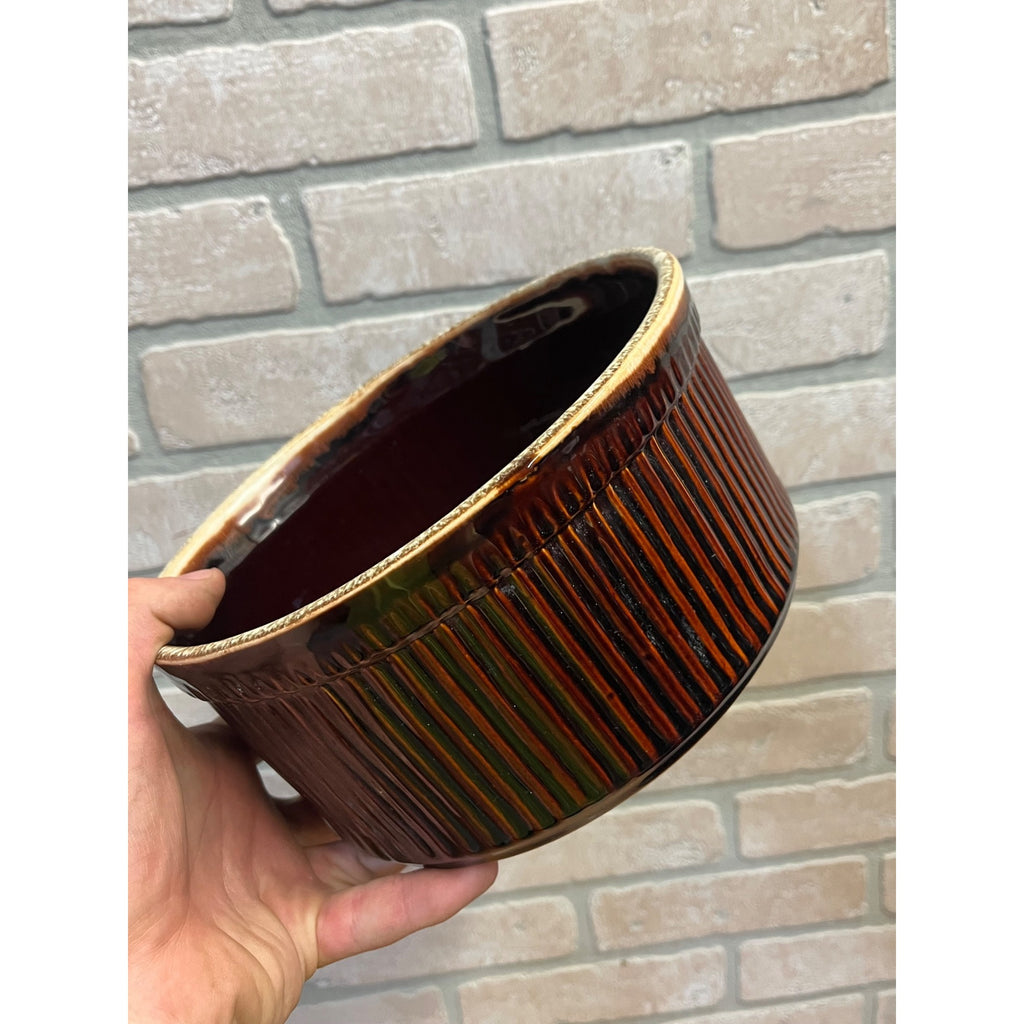 Vintage Pfaltzgraff Brown Ribbed Souffle Casserole Baking Dish #398 Drip Glaze