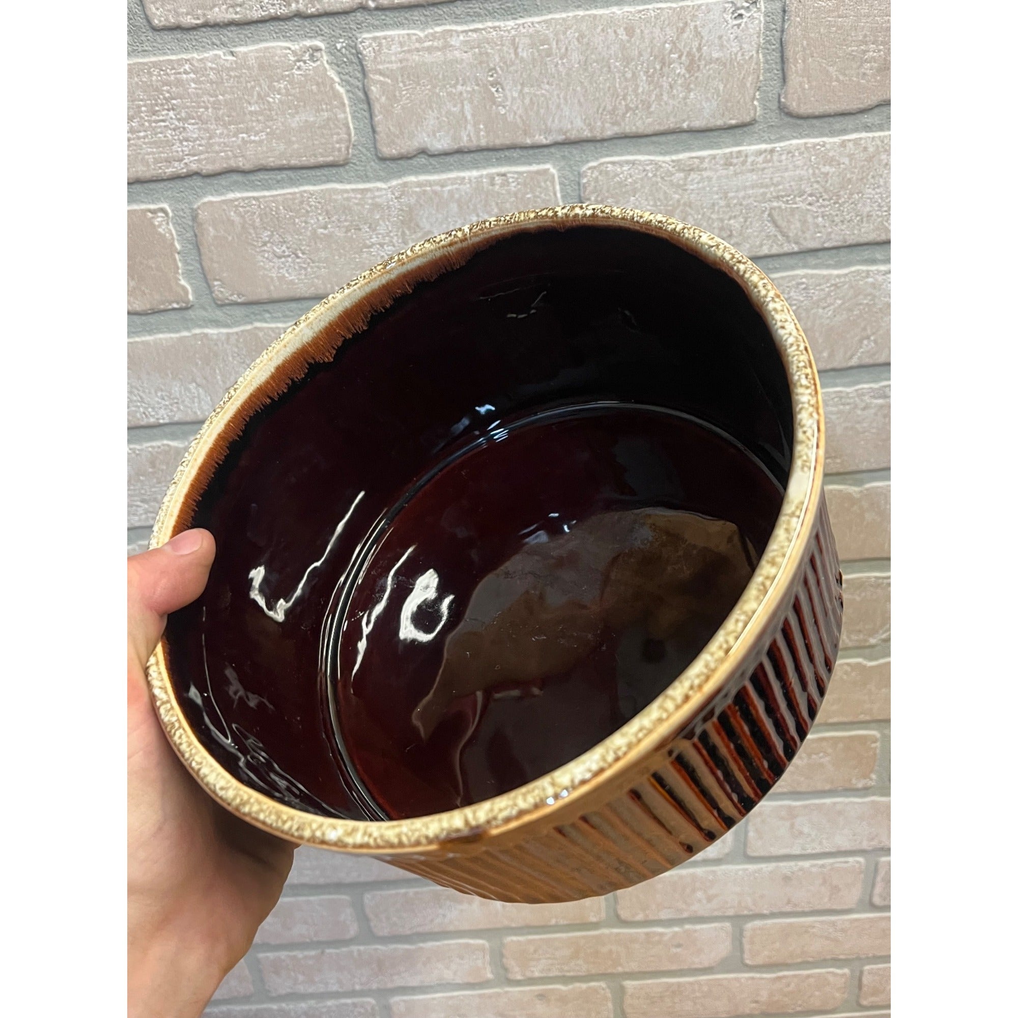 Vintage Pfaltzgraff Brown Ribbed Souffle Casserole Baking Dish #398 Drip Glaze