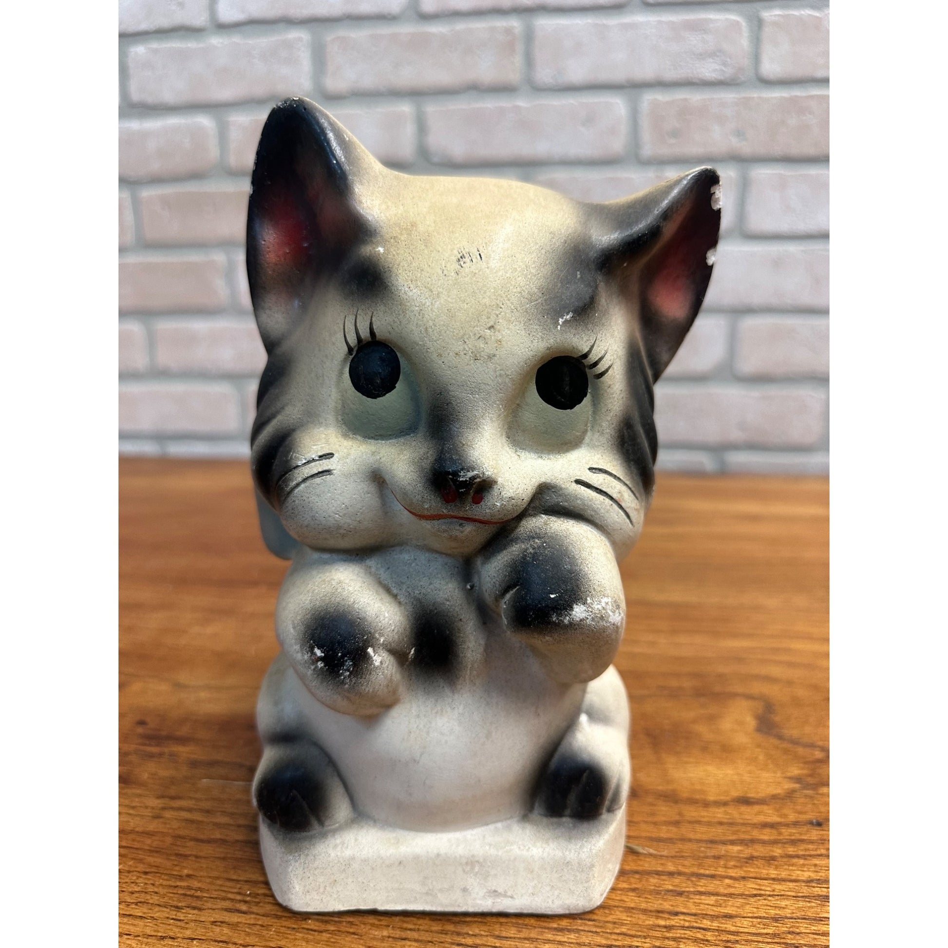 Vintage 1950s Kitty Cat Coin Bank Carnival Chalkware Prize Blakc & White 9" T