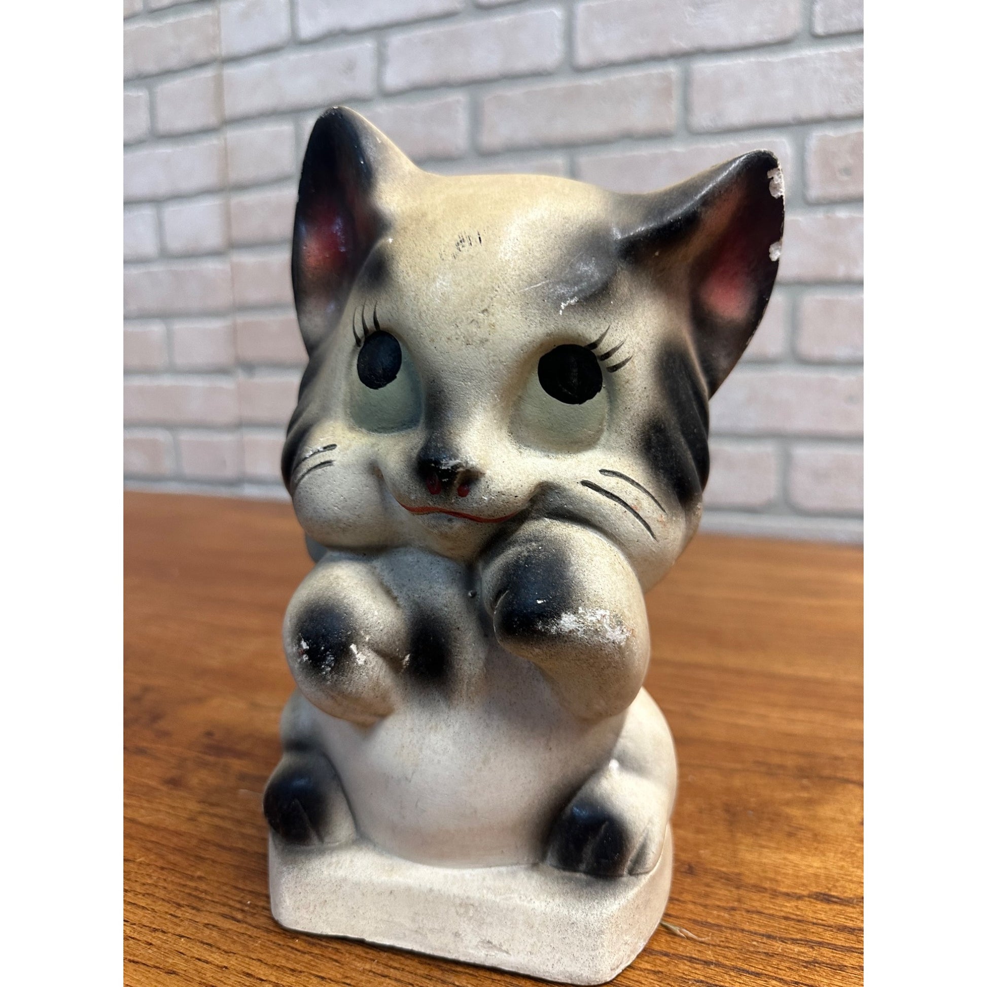 Vintage 1950s Kitty Cat Coin Bank Carnival Chalkware Prize Blakc & White 9" T