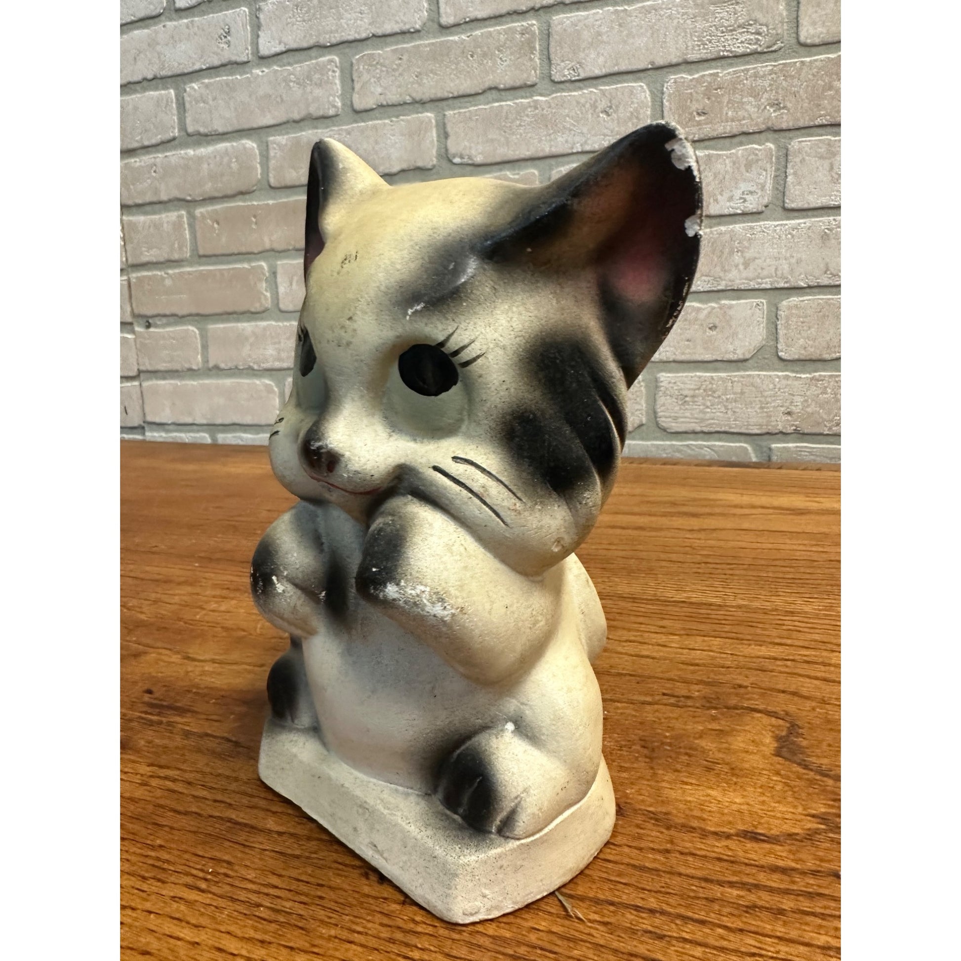 Vintage 1950s Kitty Cat Coin Bank Carnival Chalkware Prize Blakc & White 9" T