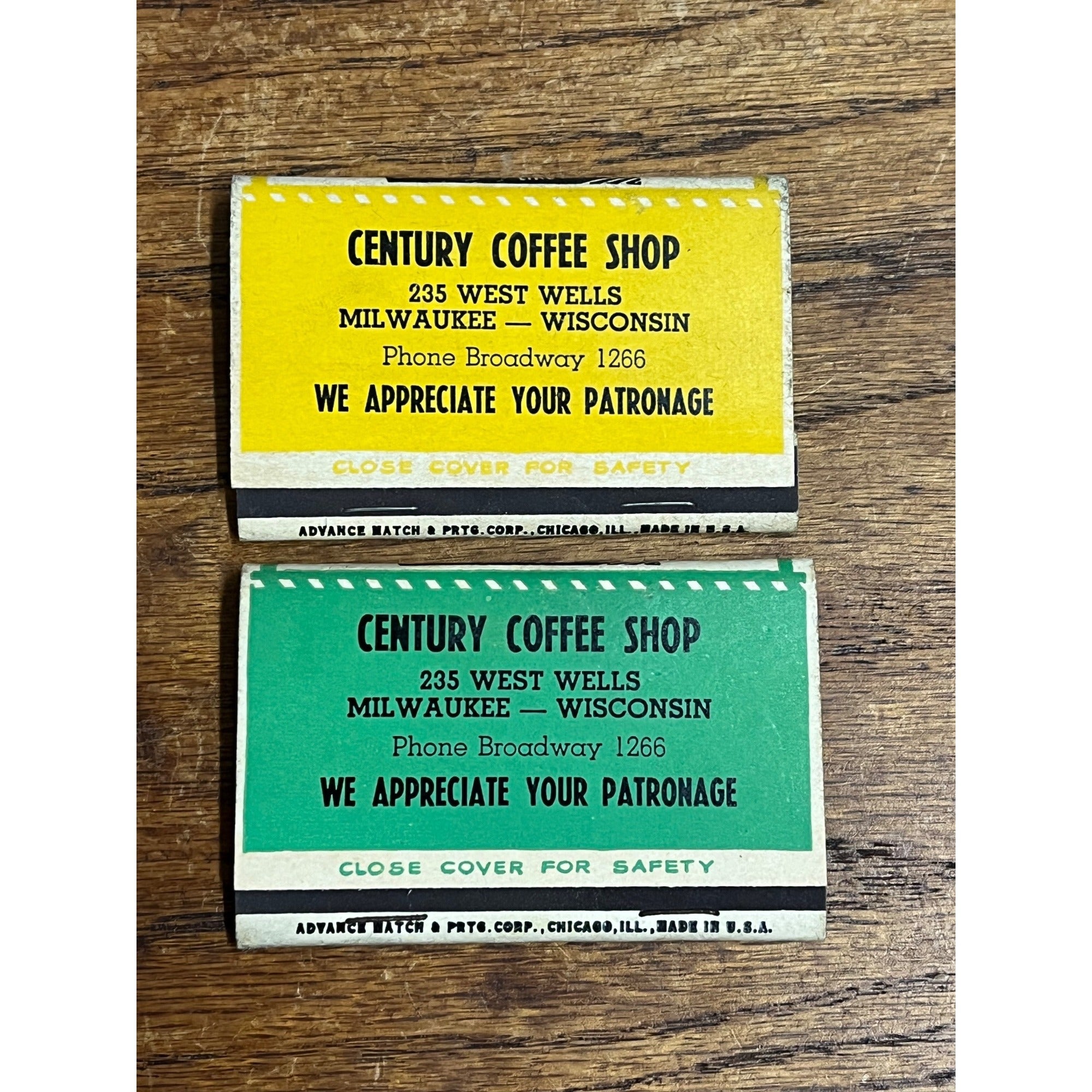 Vintage Century Coffee Shop - Milwaukee Wisconsin - Advertising FULL Matchbooks