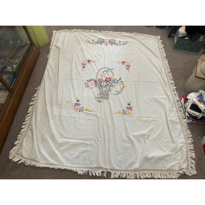 Vintage Stitched Embroidered Floral Coverlet Bed Cover Sheet Bedspread 93"x73"