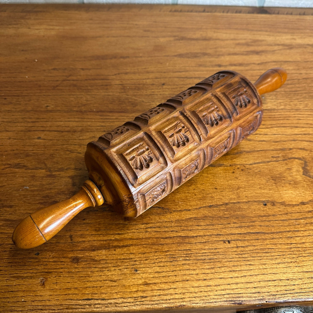 Antique Primitive Menagerie Springerle Rolling Pin Animals Rabbits Wooden Americana