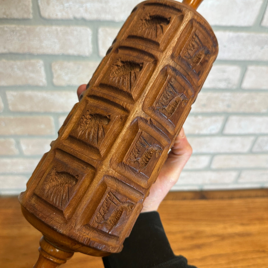 Antique Primitive Menagerie Springerle Rolling Pin Animals Rabbits Wooden Americana