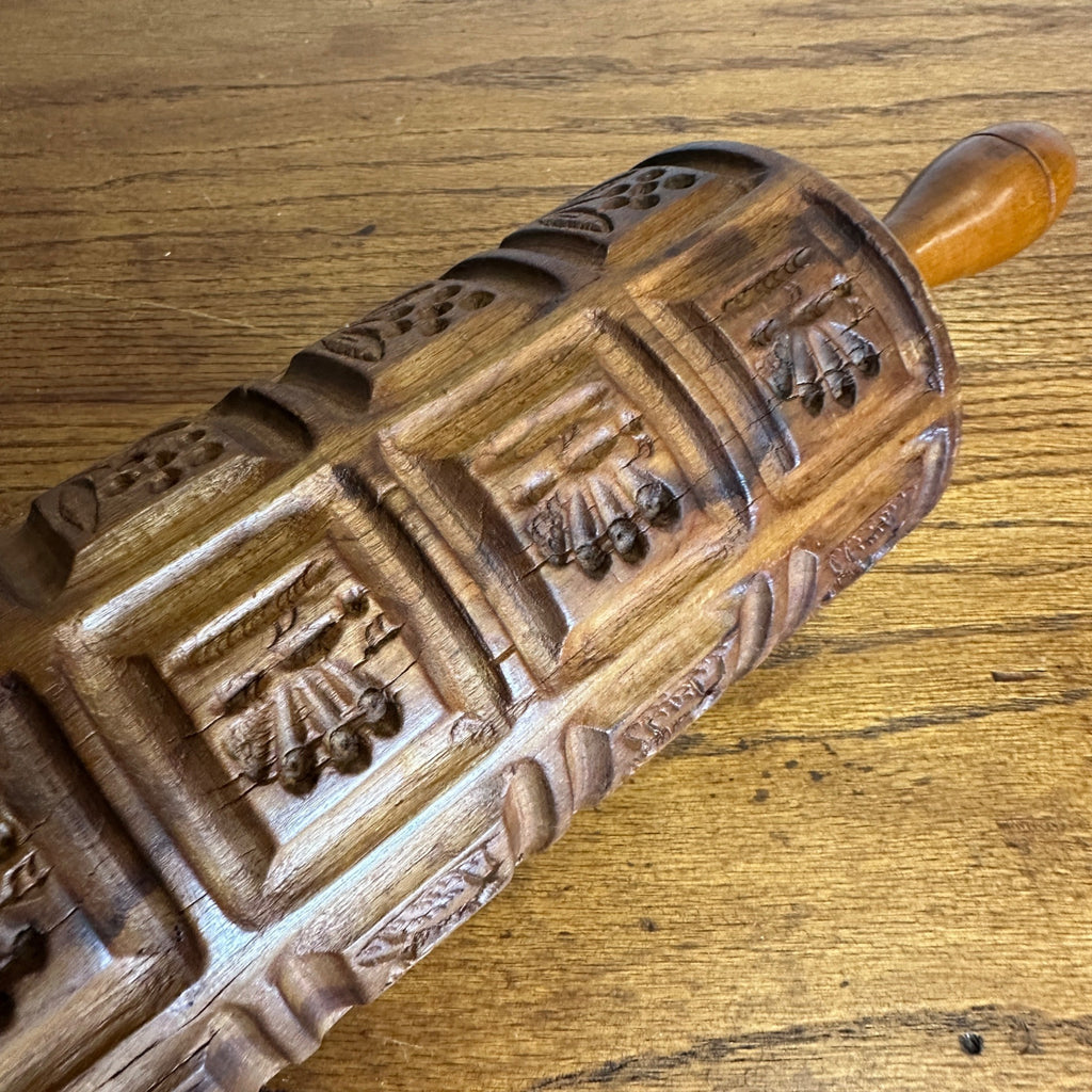 Antique Primitive Menagerie Springerle Rolling Pin Animals Rabbits Wooden Americana