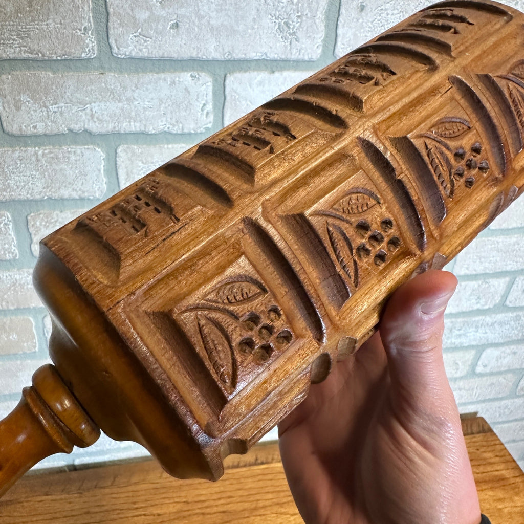 Antique Primitive Menagerie Springerle Rolling Pin Animals Rabbits Wooden Americana