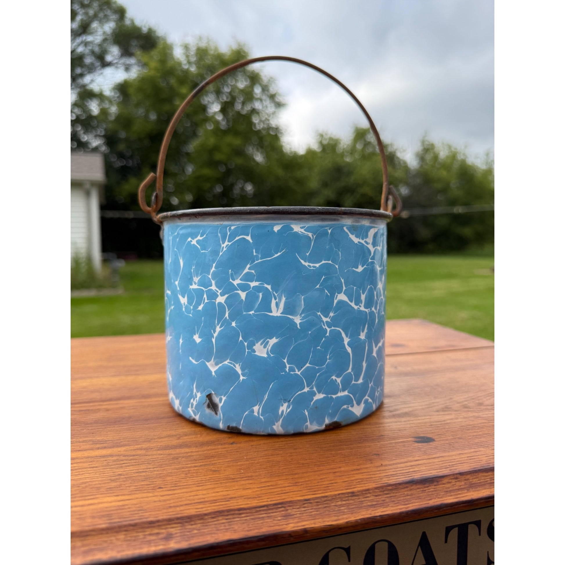 Antique Blue Enamelware Graniteware Primitive Swirl Berry Pail Bucket Pot