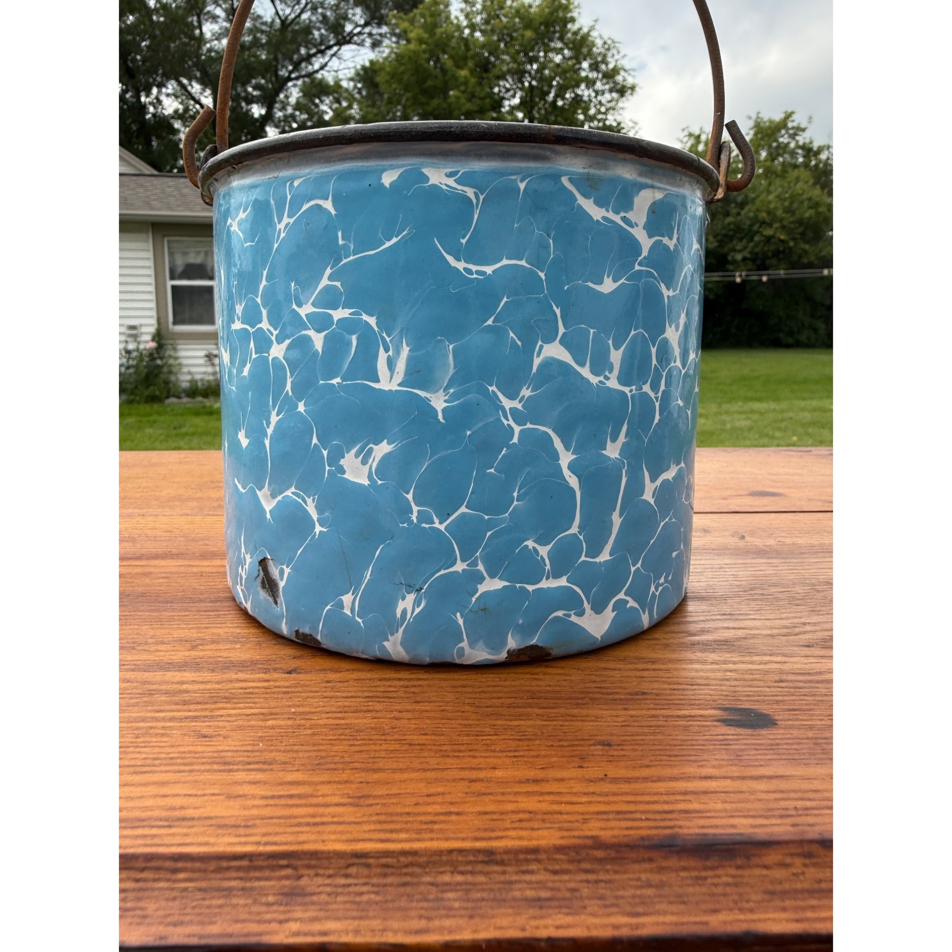 Antique Blue Enamelware Graniteware Primitive Swirl Berry Pail Bucket Pot