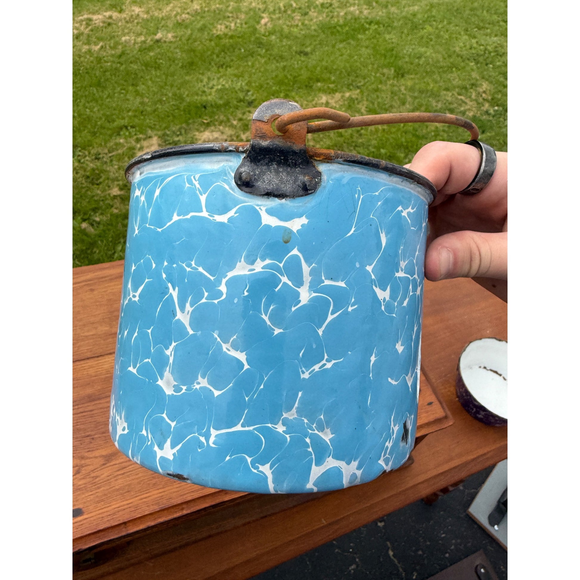 Antique Blue Enamelware Graniteware Primitive Swirl Berry Pail Bucket Pot