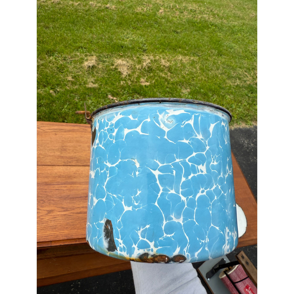 Antique Blue Enamelware Graniteware Primitive Swirl Berry Pail Bucket Pot