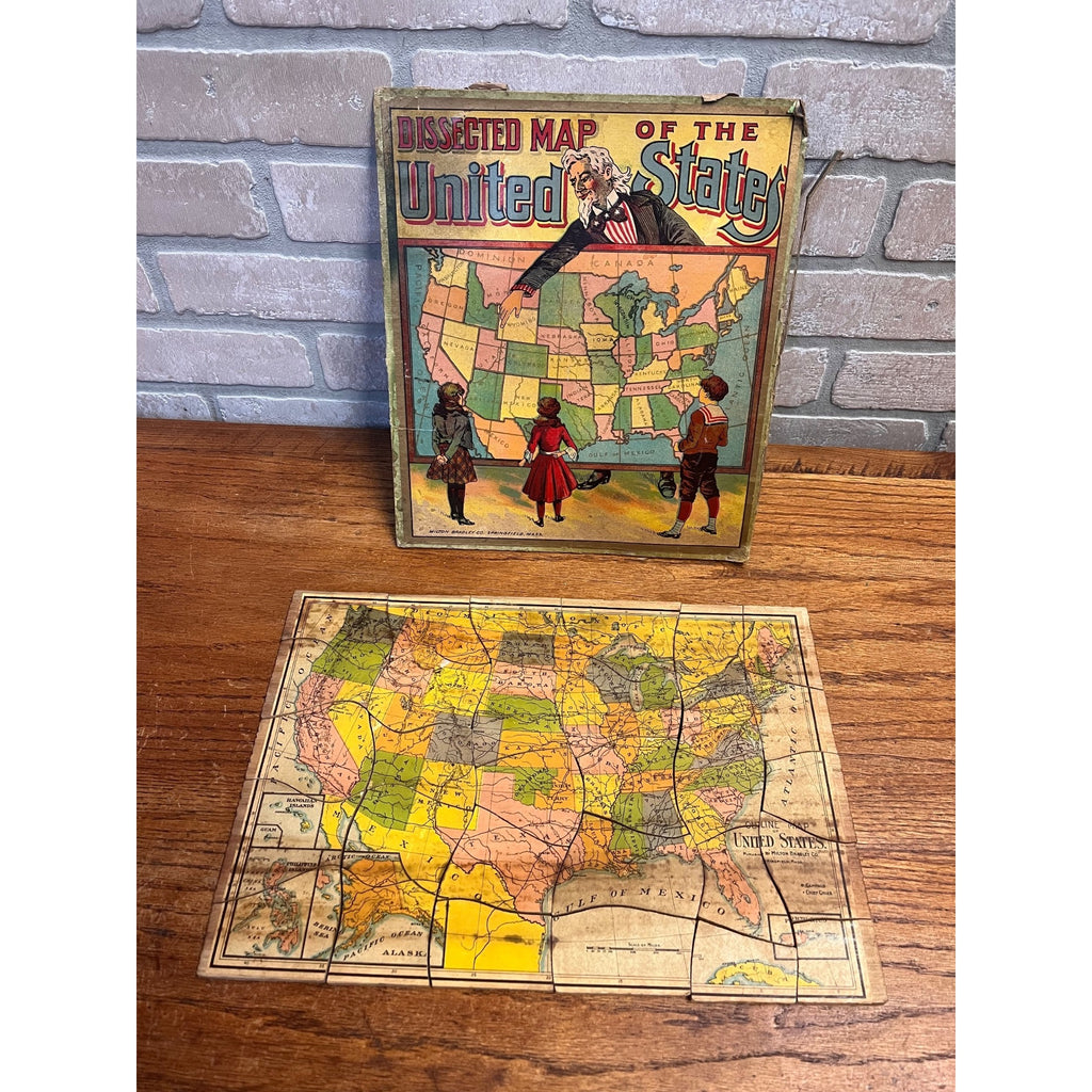 Vintage 1900s Milton Bradley Dissected Map of The United States USA Puzzle W Box