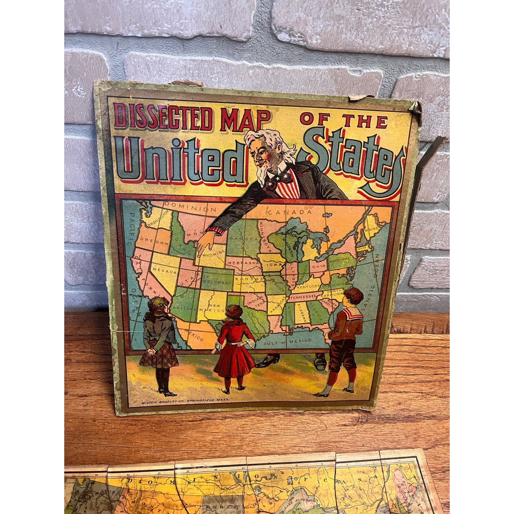 Vintage 1900s Milton Bradley Dissected Map of The United States USA Puzzle W Box