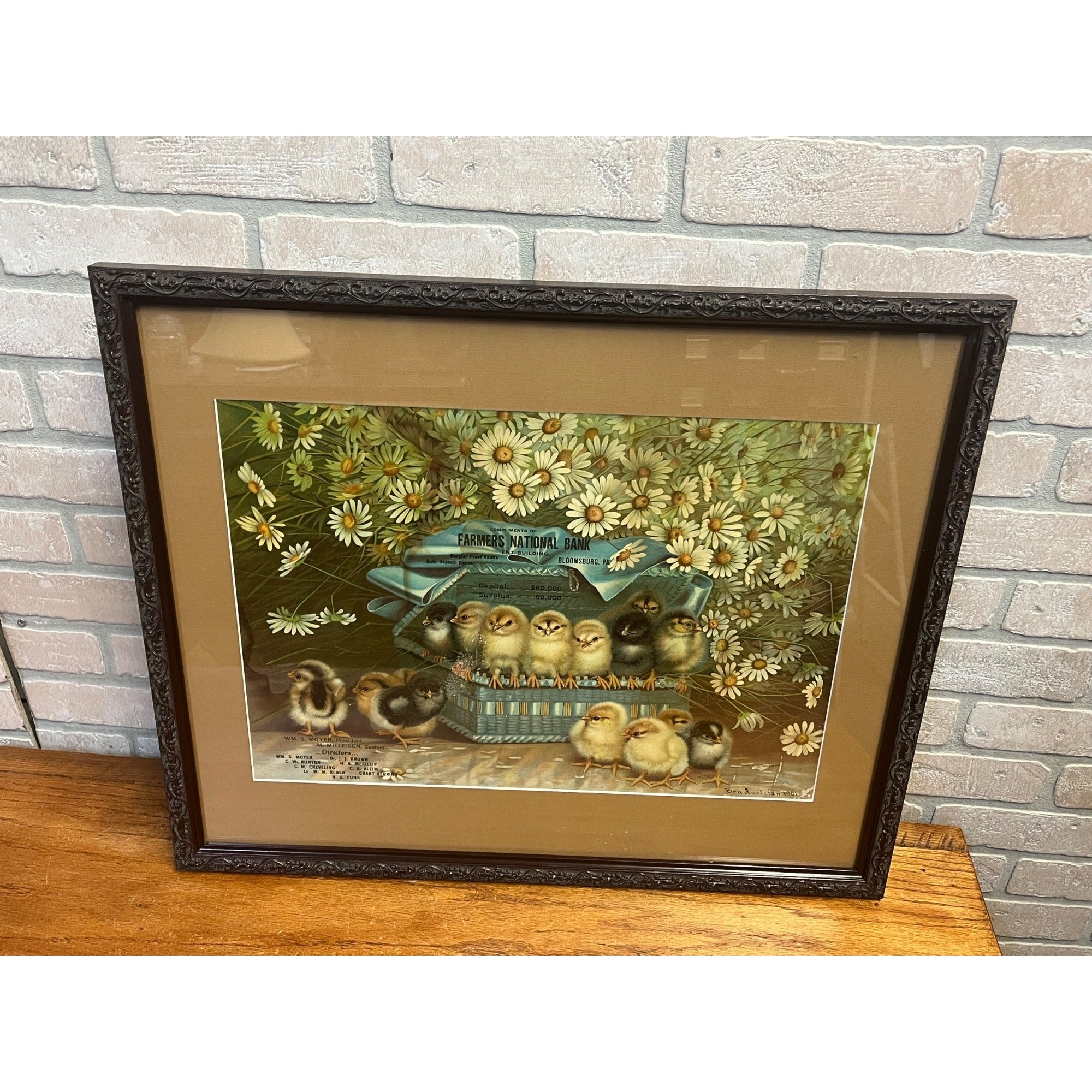 Original Vintage Ben Austrian 1901 Lithograph Advertising Sign Baby Chicks Framed Bloomsburg PA Bank