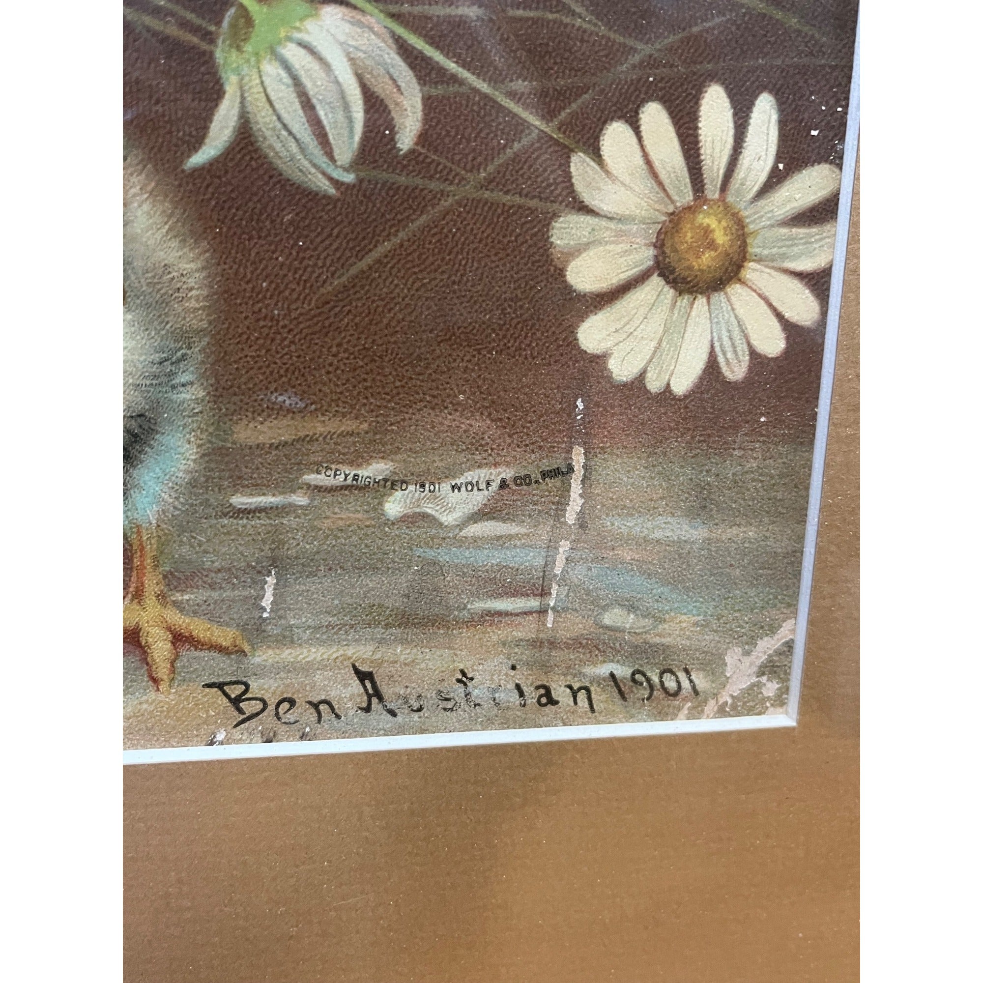 Original Vintage Ben Austrian 1901 Lithograph Advertising Sign Baby Chicks Framed Bloomsburg PA Bank