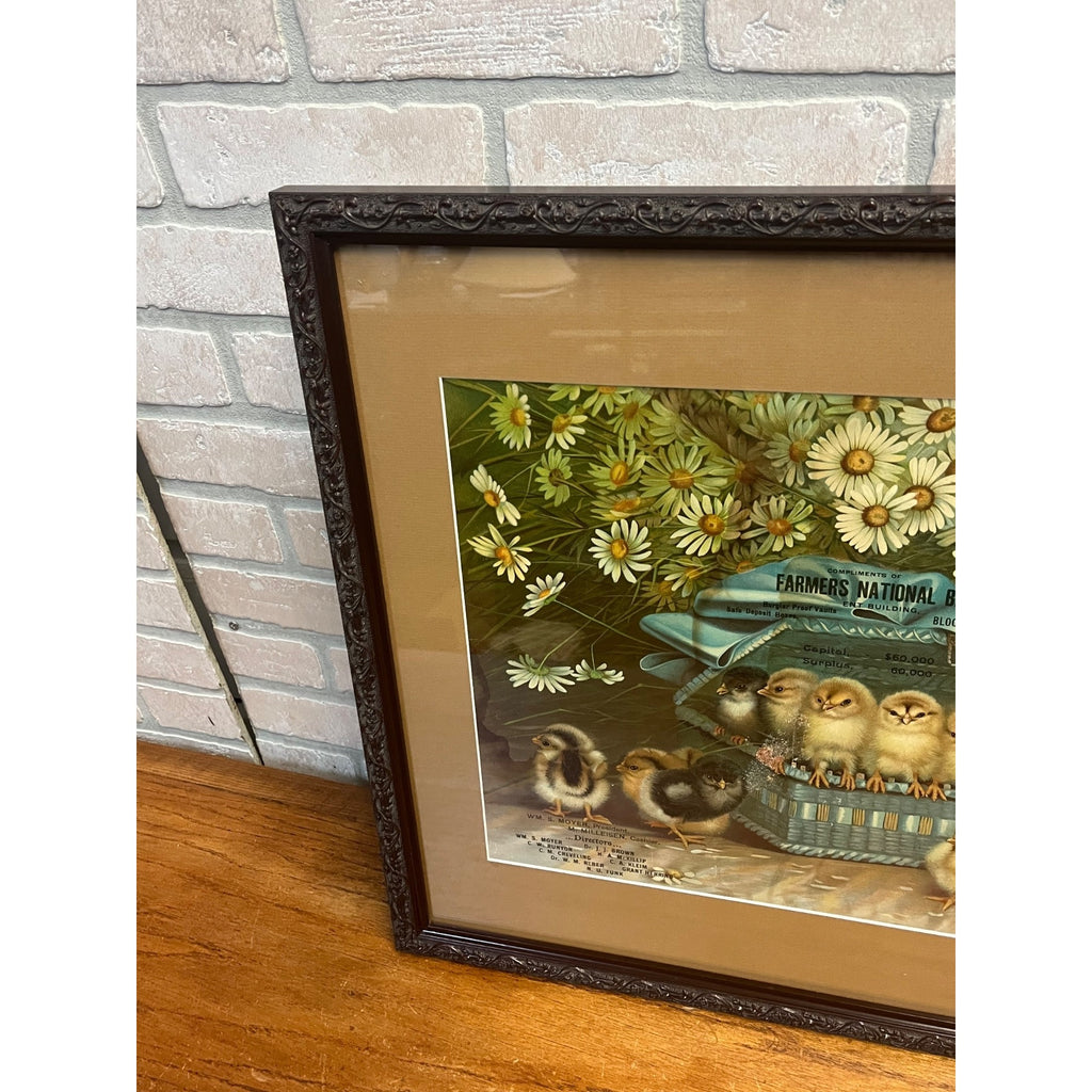 Original Vintage Ben Austrian 1901 Lithograph Advertising Sign Baby Chicks Framed Bloomsburg PA Bank