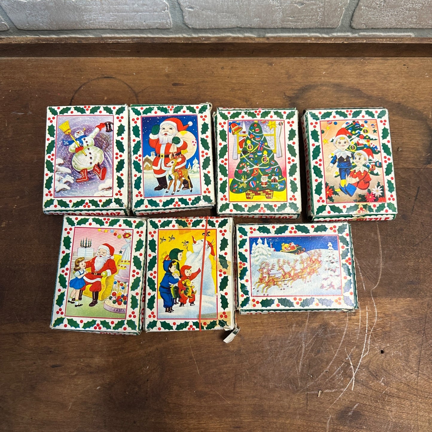 Vintage 1950s Christmas 20-Piece Puzzles Lot (7) Boxes - Japan - Santa Tree ++