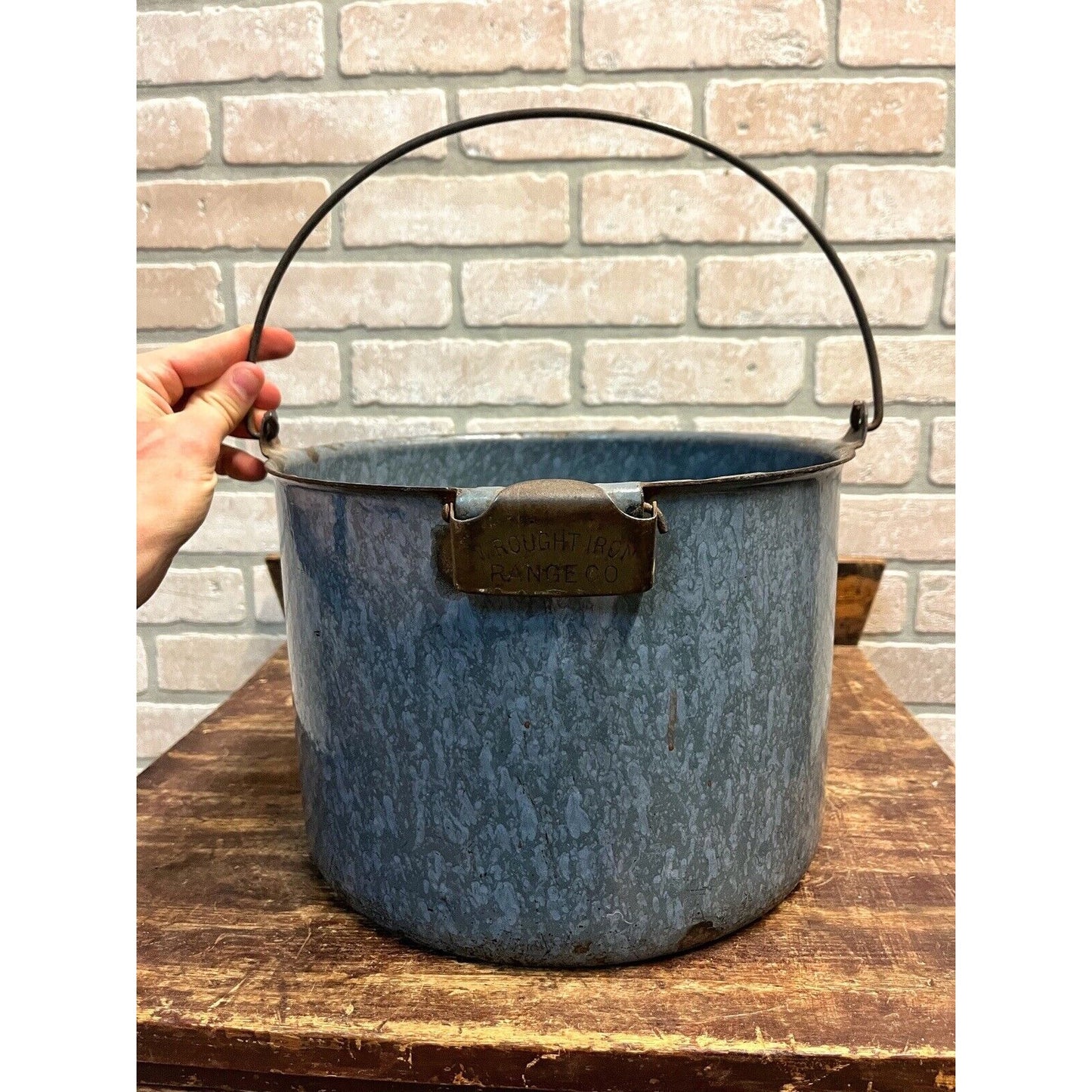 Vintage 1930s Gray Granitware Wrought Iron Range Co. Advertising Enamelware Pail