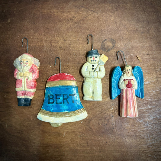 Vintage Lot (4) Primitive Style Ceramic Christmas Tree Ornaments Santa Snowman Angel