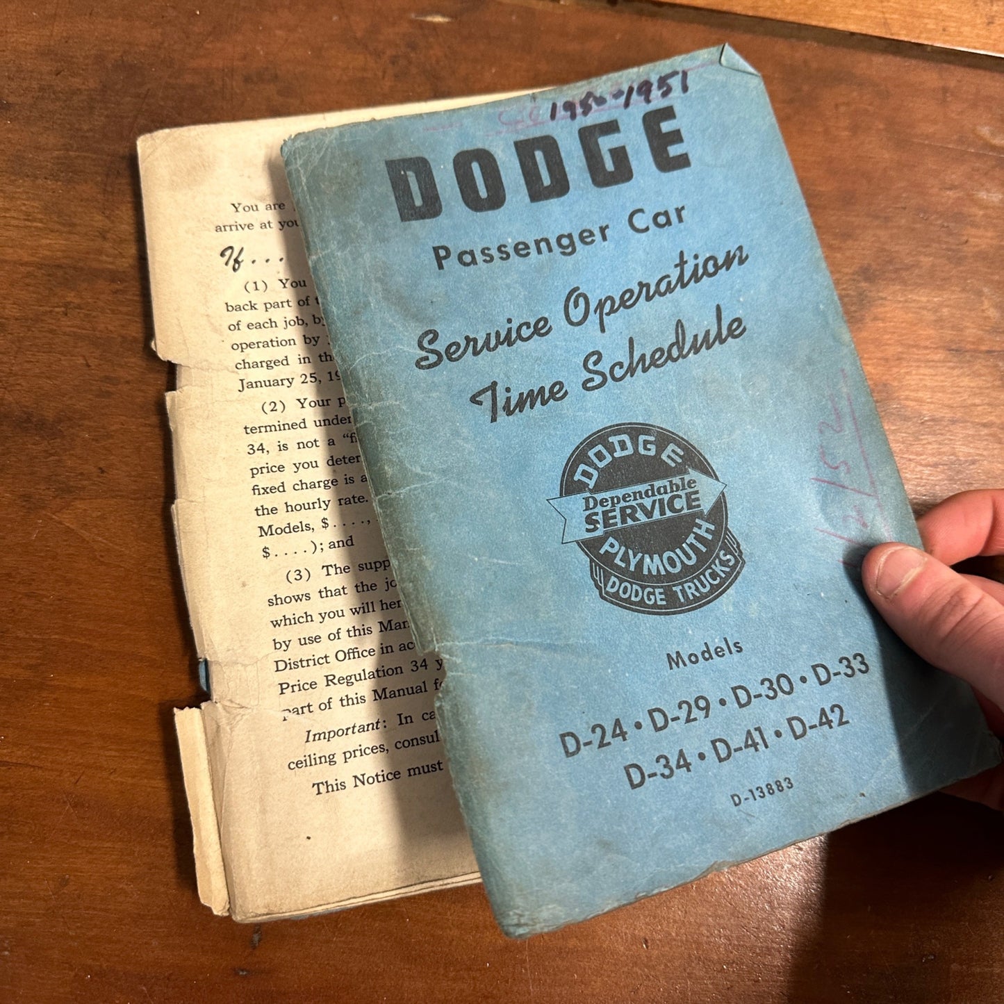 Vintage 1951 Dodge Passenger Car Service Operation Time Schedule Models D-24, D-29, D-30 ++