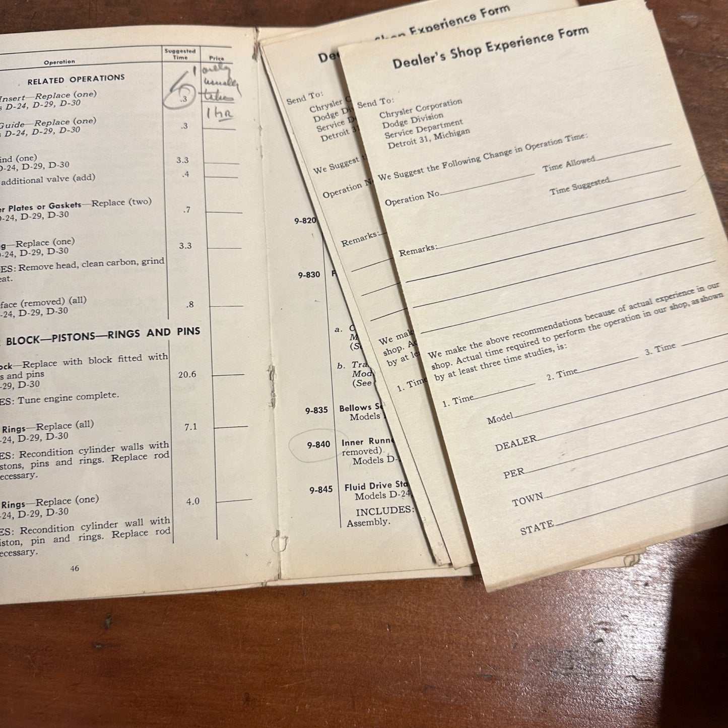 Vintage 1950 Dodge Passenger Car Service Operation Time Schedule Models D-24, D-29, D-30