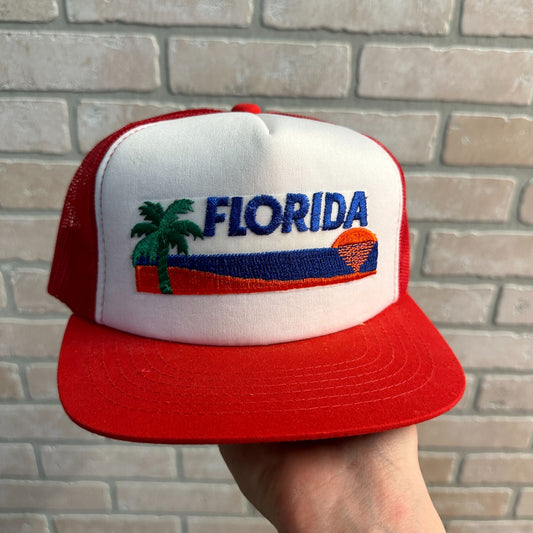 VINTAGE RED WHITE FLORIDA STATE SUNSHINE SUNSET TOURISM MESH RETRO SNAPBACK HAT