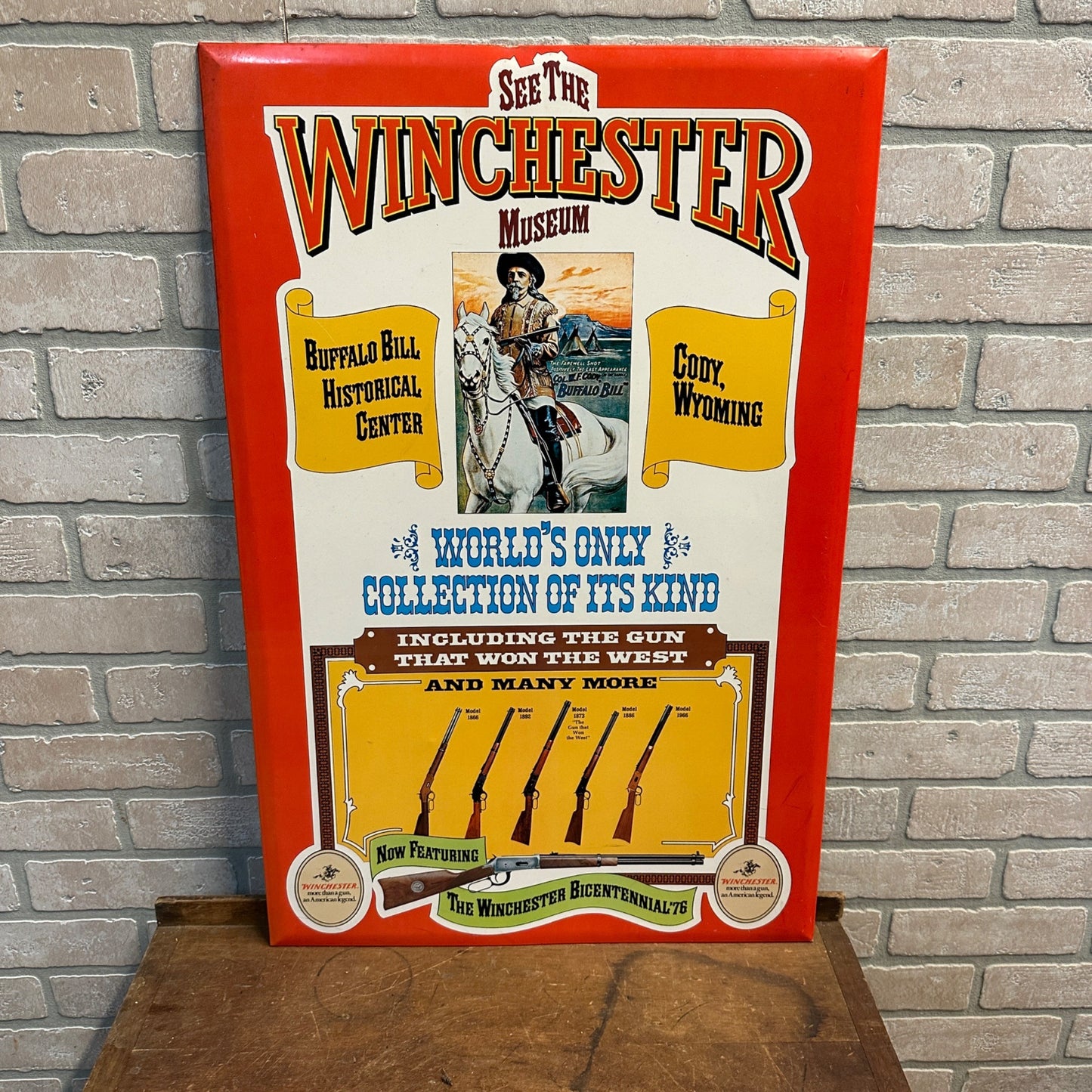 VINTAGE 1976 WINCHESTER GUN COLLECTION CODY WY MUSEUM METAL ADVERTISEMENT SIGN