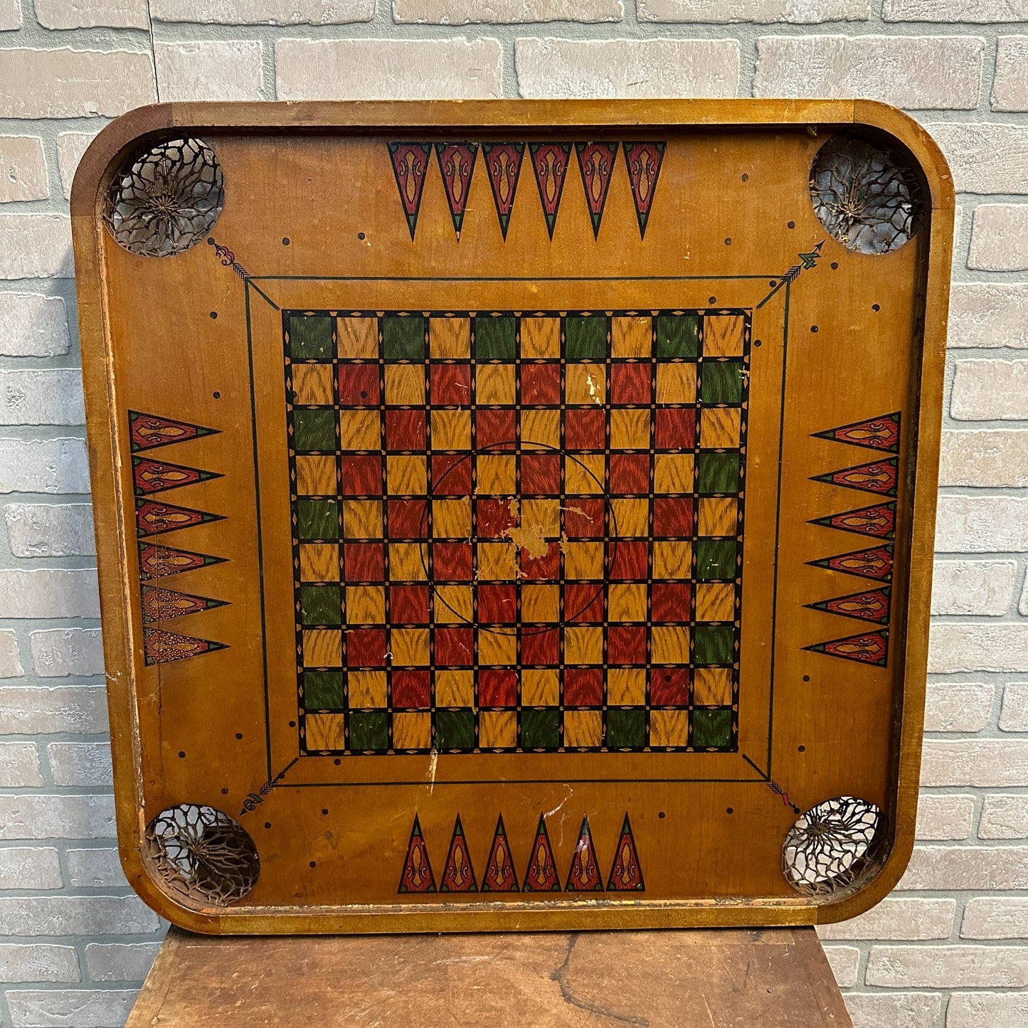 ANTIQUE "FLAGS OF THE NATION" CARROM COMBINATION BOARD GAME CIRCA 1900