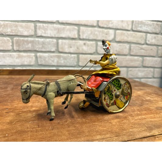 Vintage Lehmann Stubborn Donkey & Cart Circus Clown Windup Tin Litho Toy