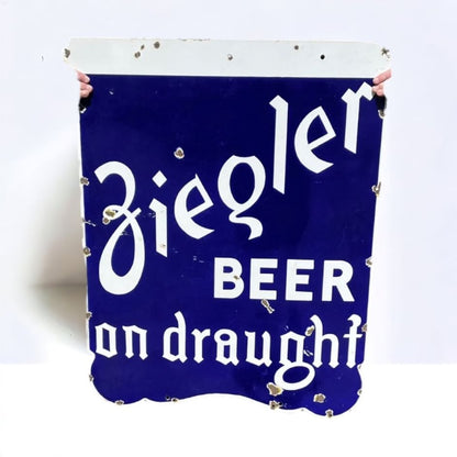 Original 1940s Ziegler Beer on Draught Porcelain Advertising Sign Beaver Dam Wis