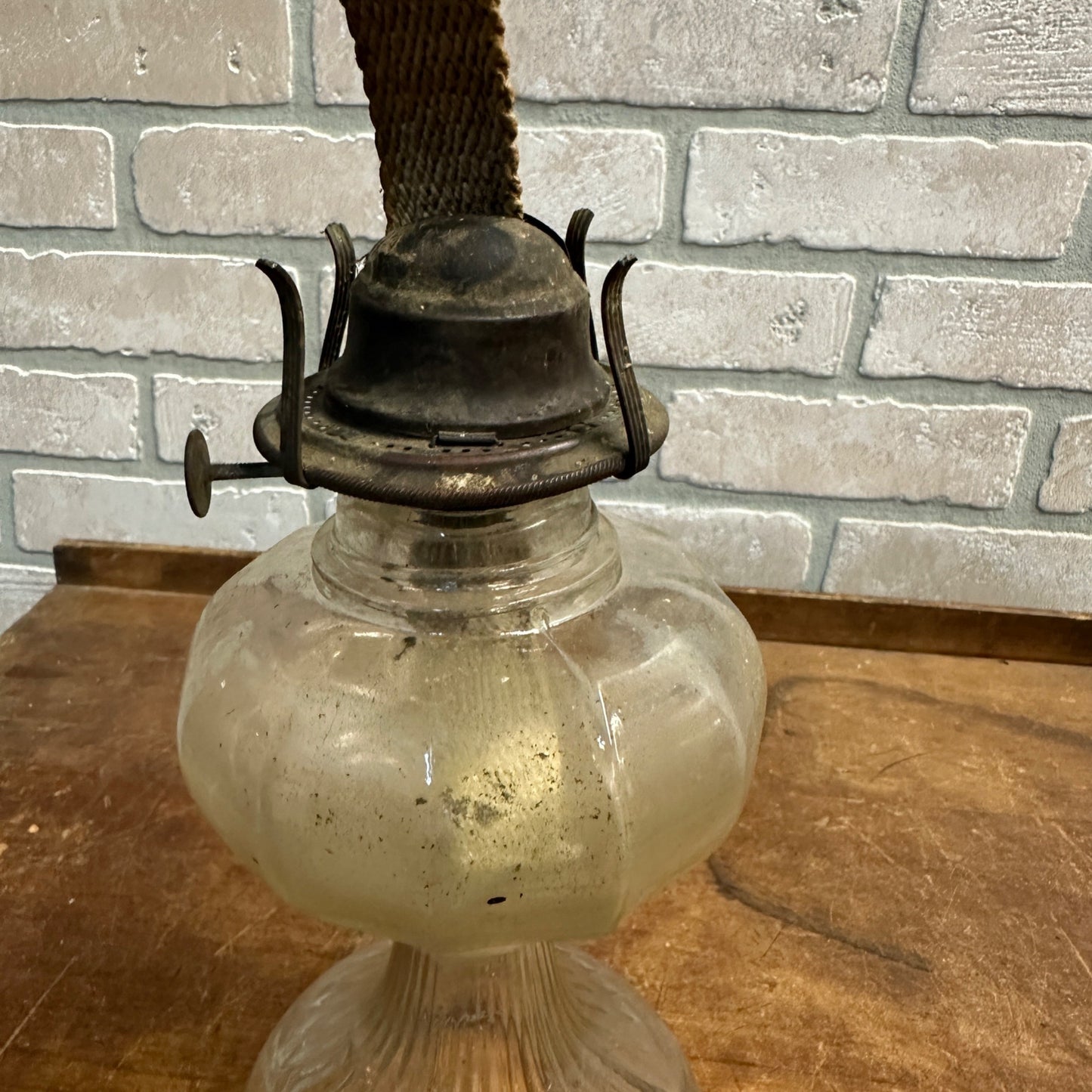 Antique Early Pressed Glass EAPG Pedestal Base Oil Lamp 12-Sided + Burner