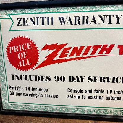 Vintage 1960s Zenith Television TV Store Display Advertising Sign Framed Warranty