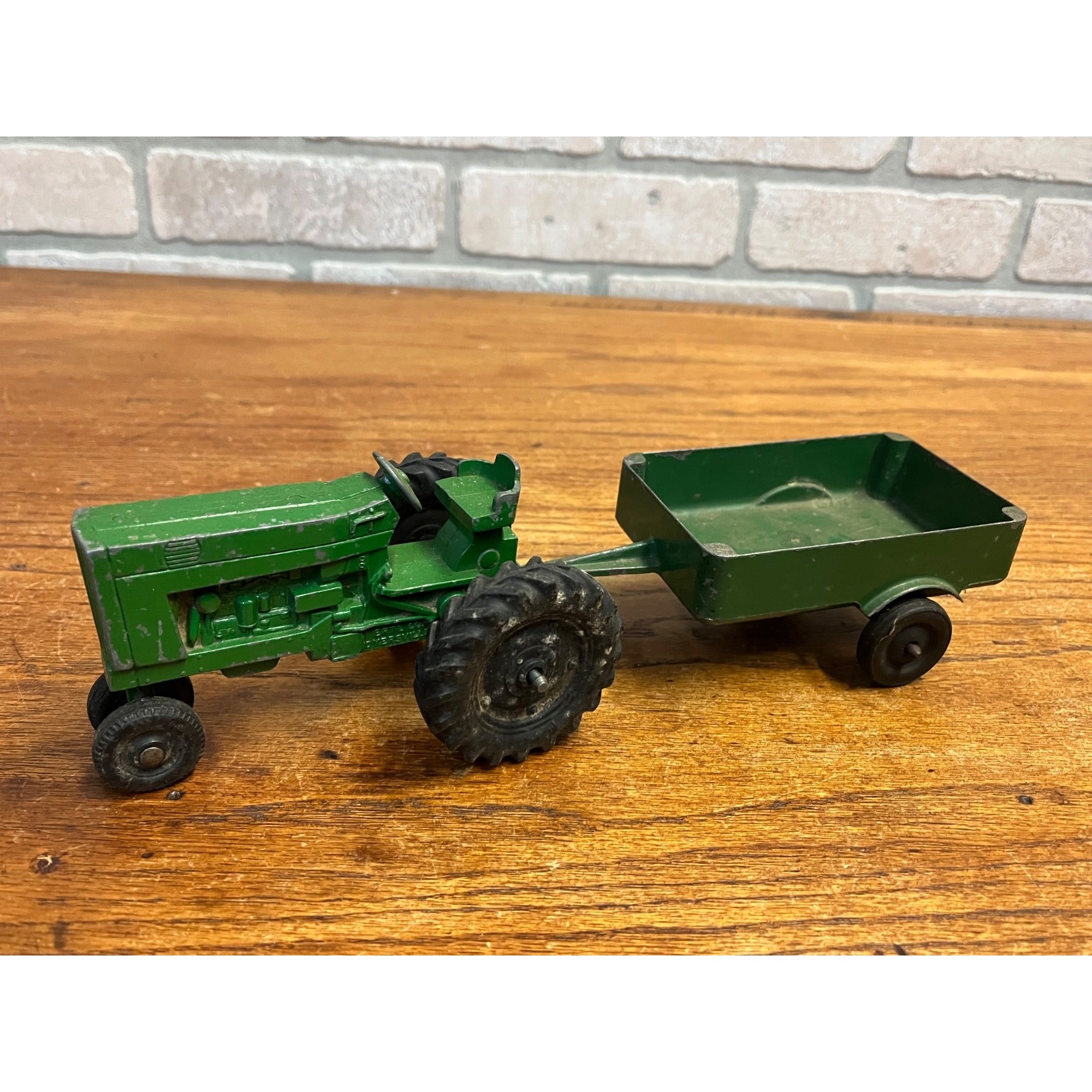 Vintage Silk Toys Green Aluminum Farm Tractor & Wagon Trailer Toy 5.5"