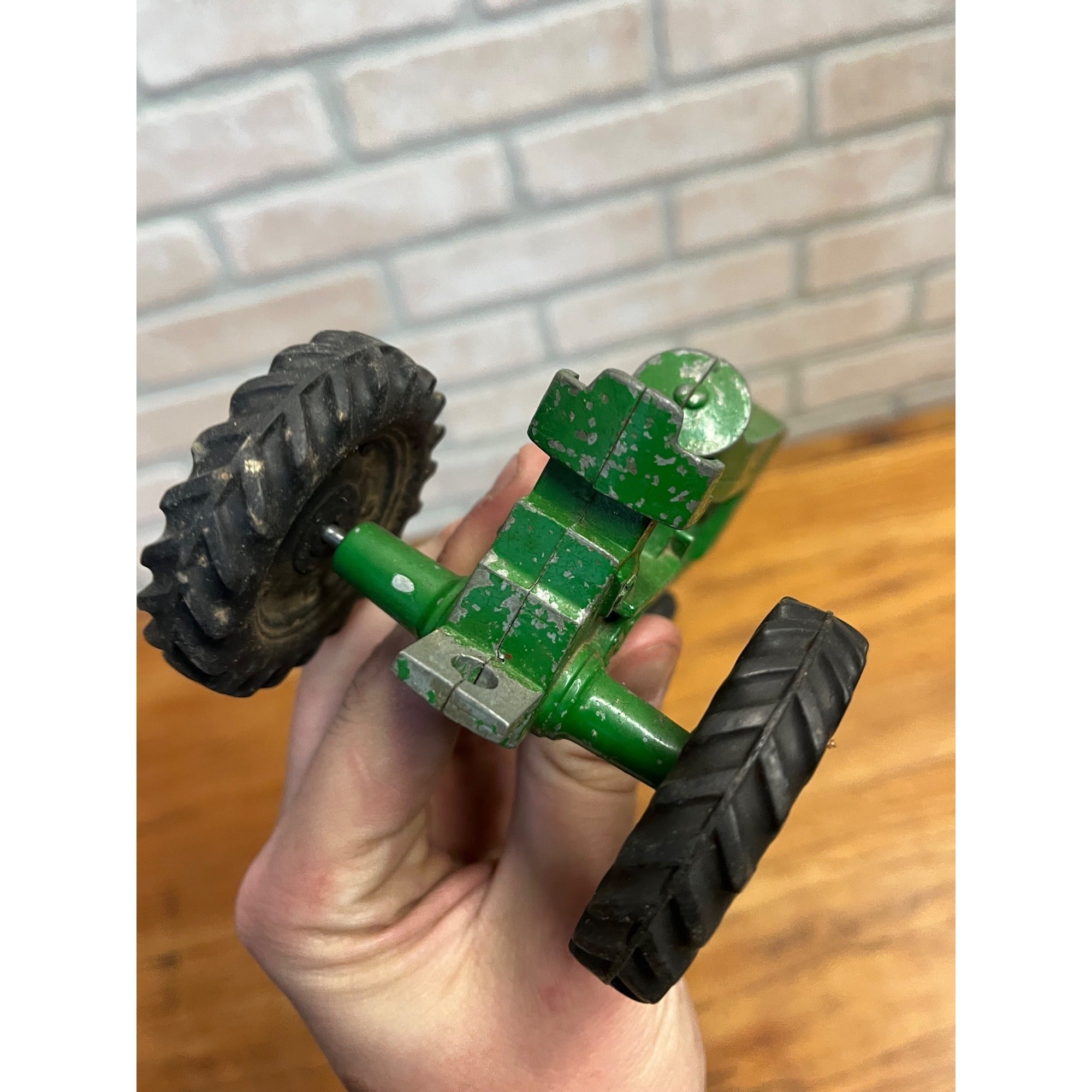 Vintage Silk Toys Green Aluminum Farm Tractor & Wagon Trailer Toy 5.5"