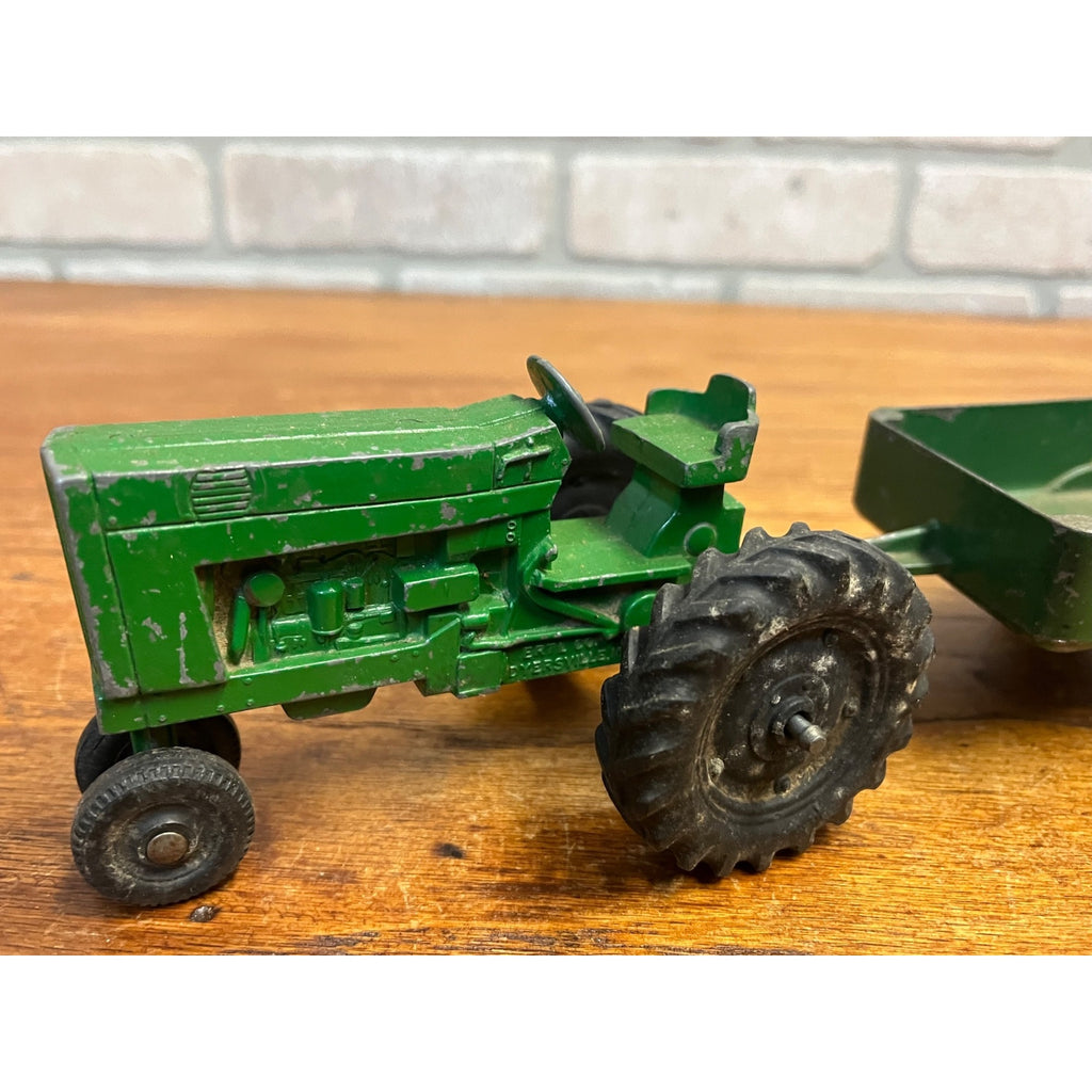 Vintage Silk Toys Green Aluminum Farm Tractor & Wagon Trailer Toy 5.5"