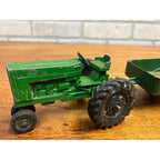 Vintage Silk Toys Green Aluminum Farm Tractor & Wagon Trailer Toy 5.5"