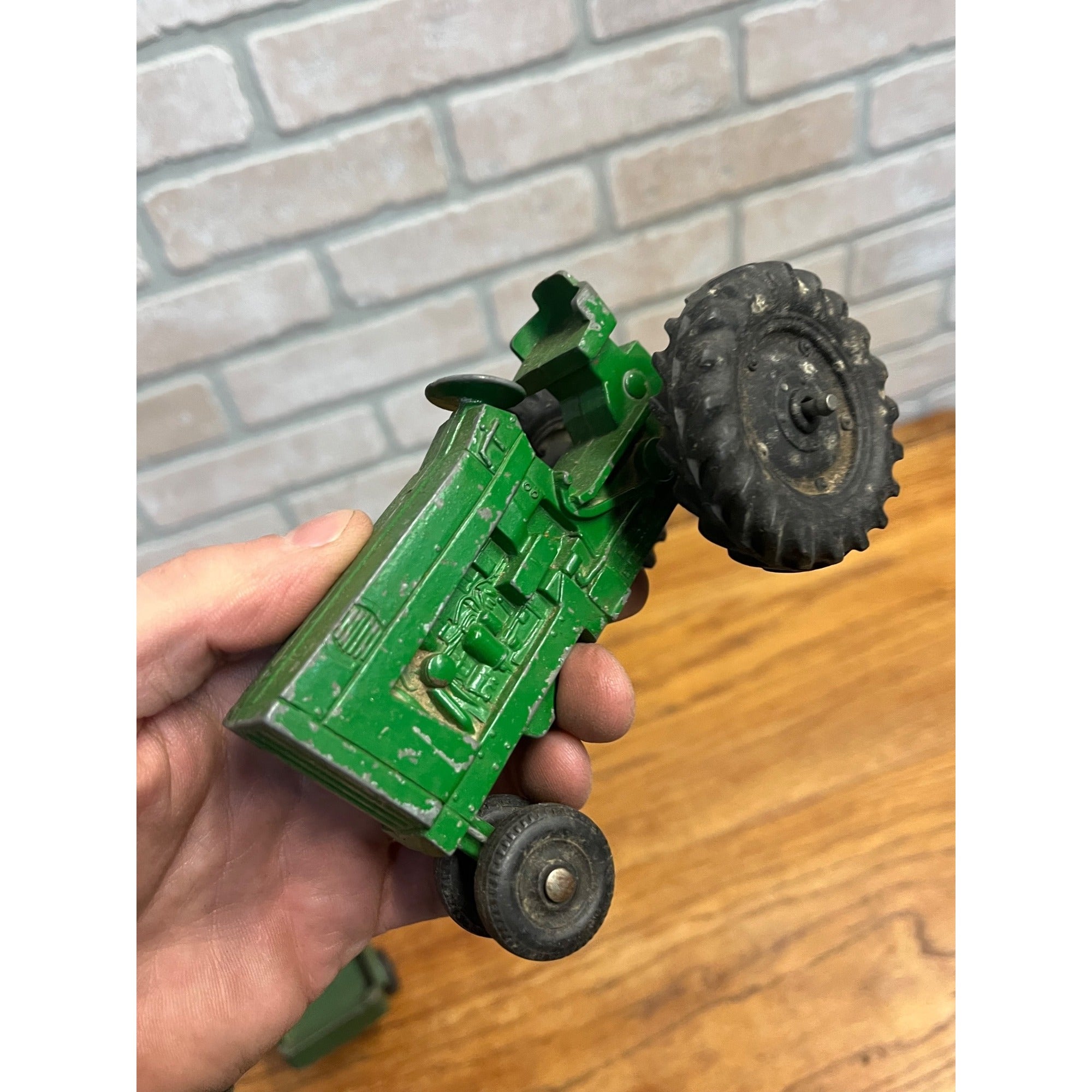 Vintage Silk Toys Green Aluminum Farm Tractor & Wagon Trailer Toy 5.5"