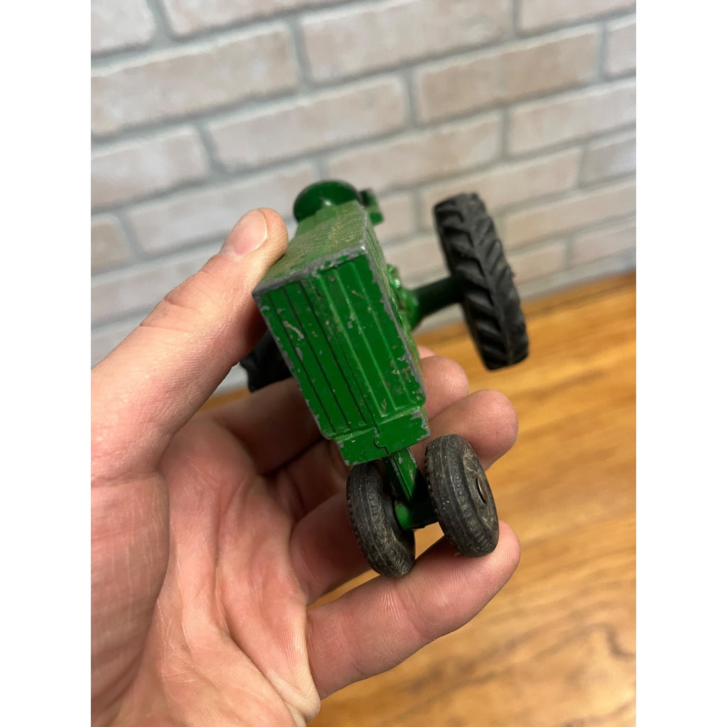 Vintage Silk Toys Green Aluminum Farm Tractor & Wagon Trailer Toy 5.5"