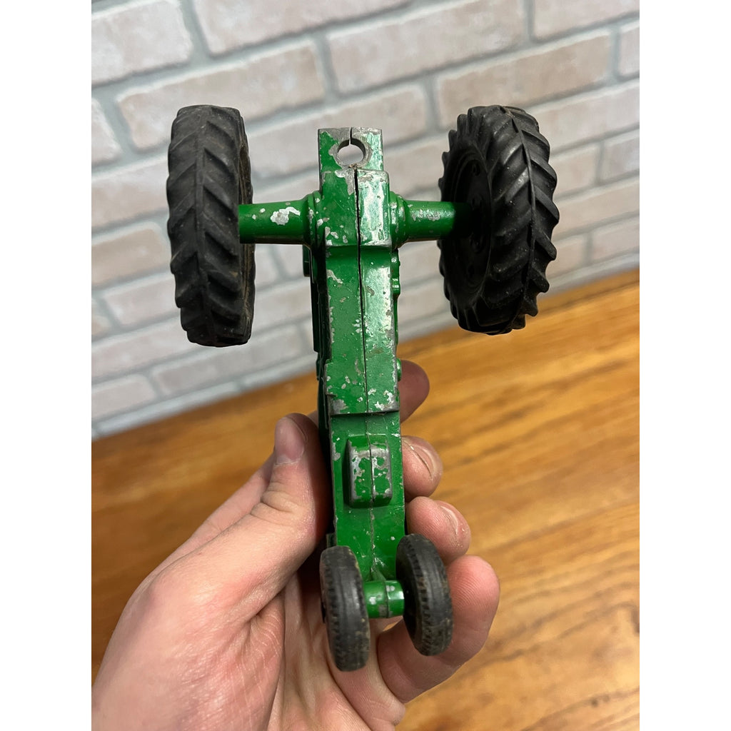 Vintage Silk Toys Green Aluminum Farm Tractor & Wagon Trailer Toy 5.5"