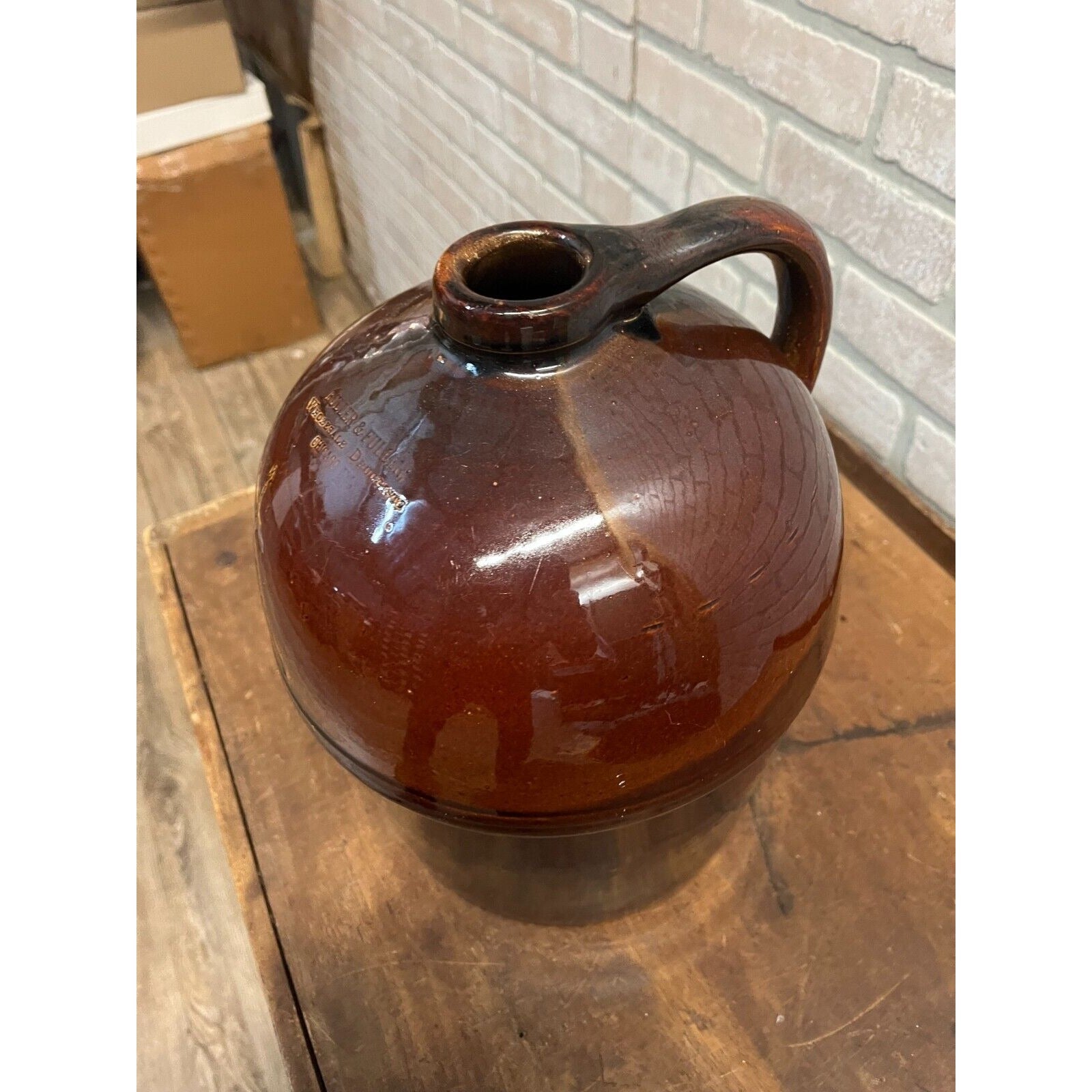 Antique 1800s Fuller & Fuller Druggists Chicago Brown Stoneware Glazed Jug