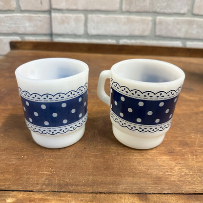 VINTAGE FIRE KING ANCHOR HOCKING STACKING MUGS BLUE POLKA DOT LACE (2)