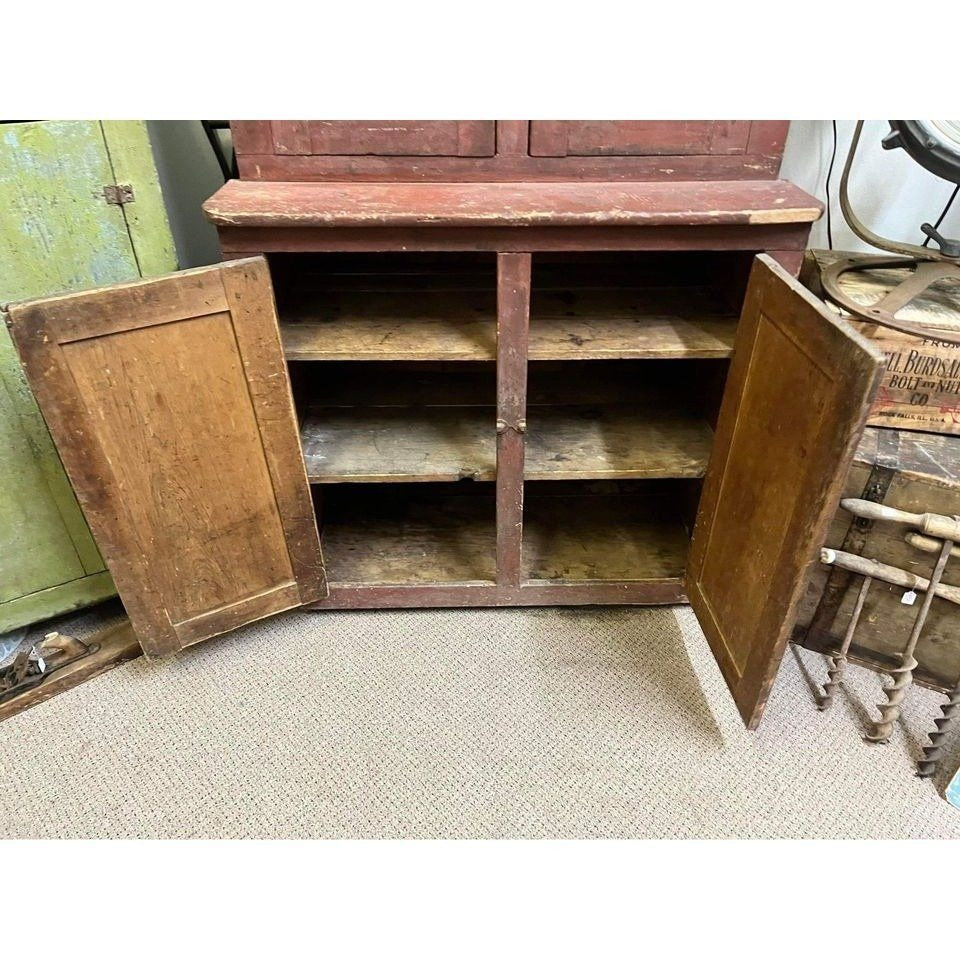 Antique Primitive Red Wooden Stepback Hutch Pantry Cupboard 19th Century