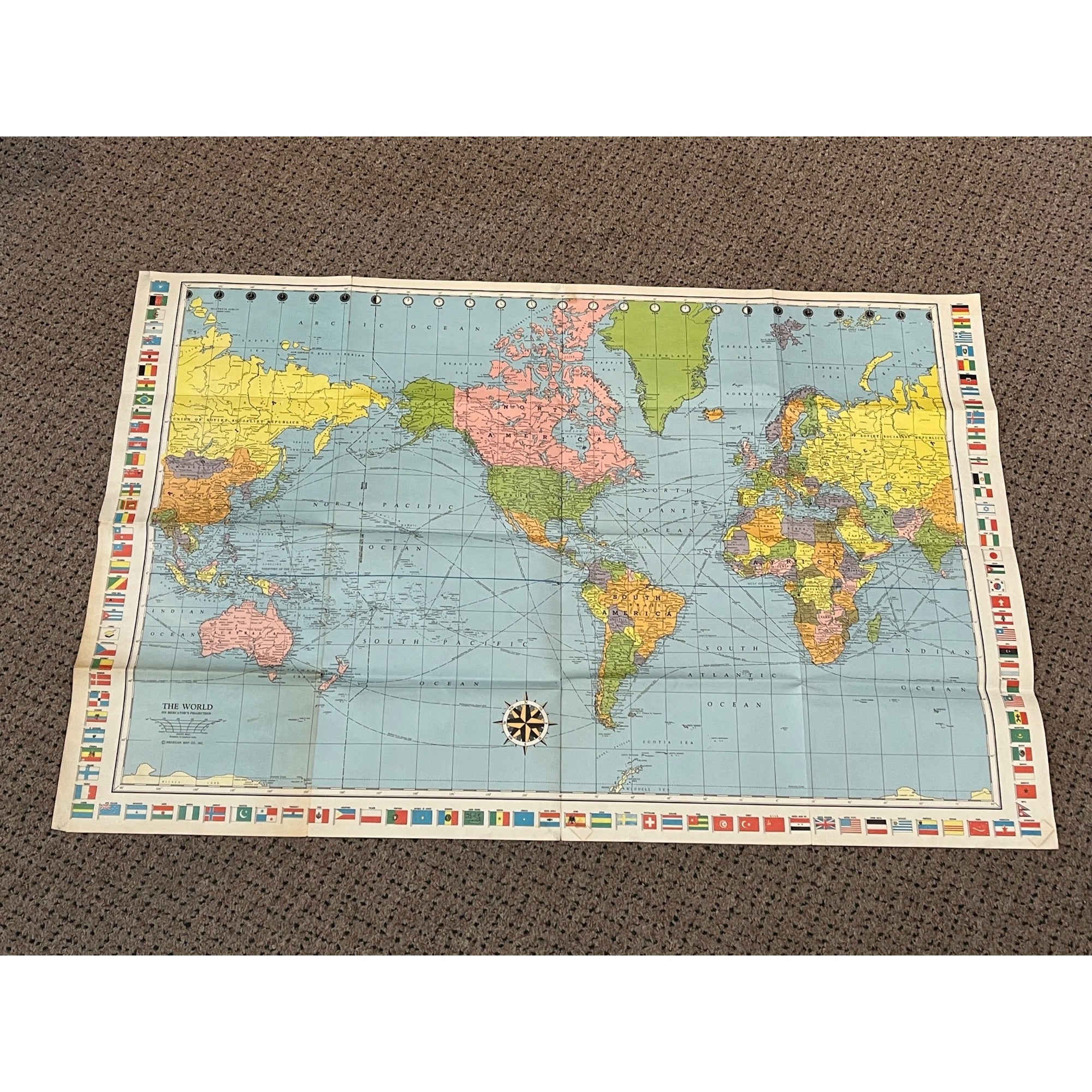 Vintage American Map Company 1950s World Map Mercator's Projection w/ Flag Border