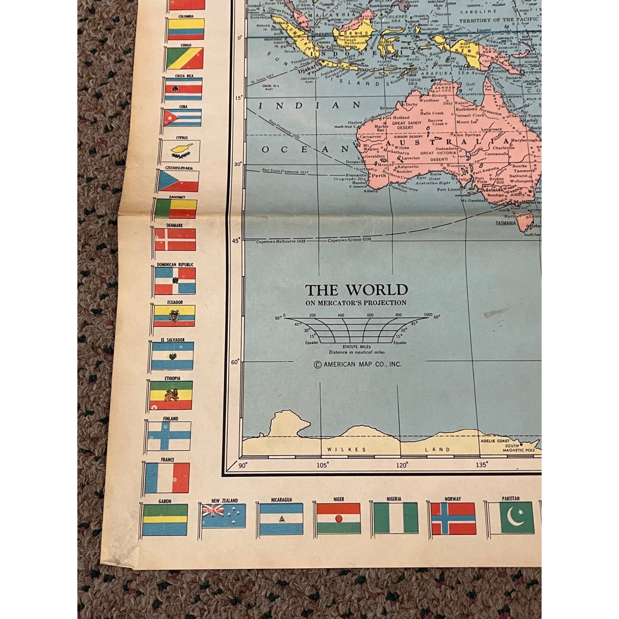 Vintage American Map Company 1950s World Map Mercator's Projection w/ Flag Border