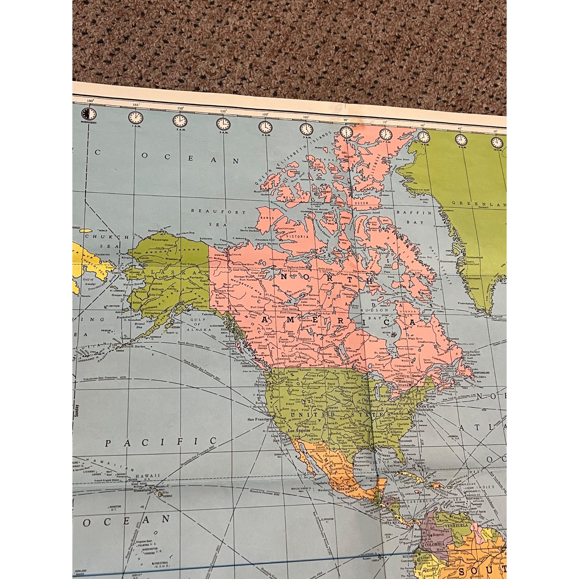 Vintage American Map Company 1950s World Map Mercator's Projection w/ Flag Border