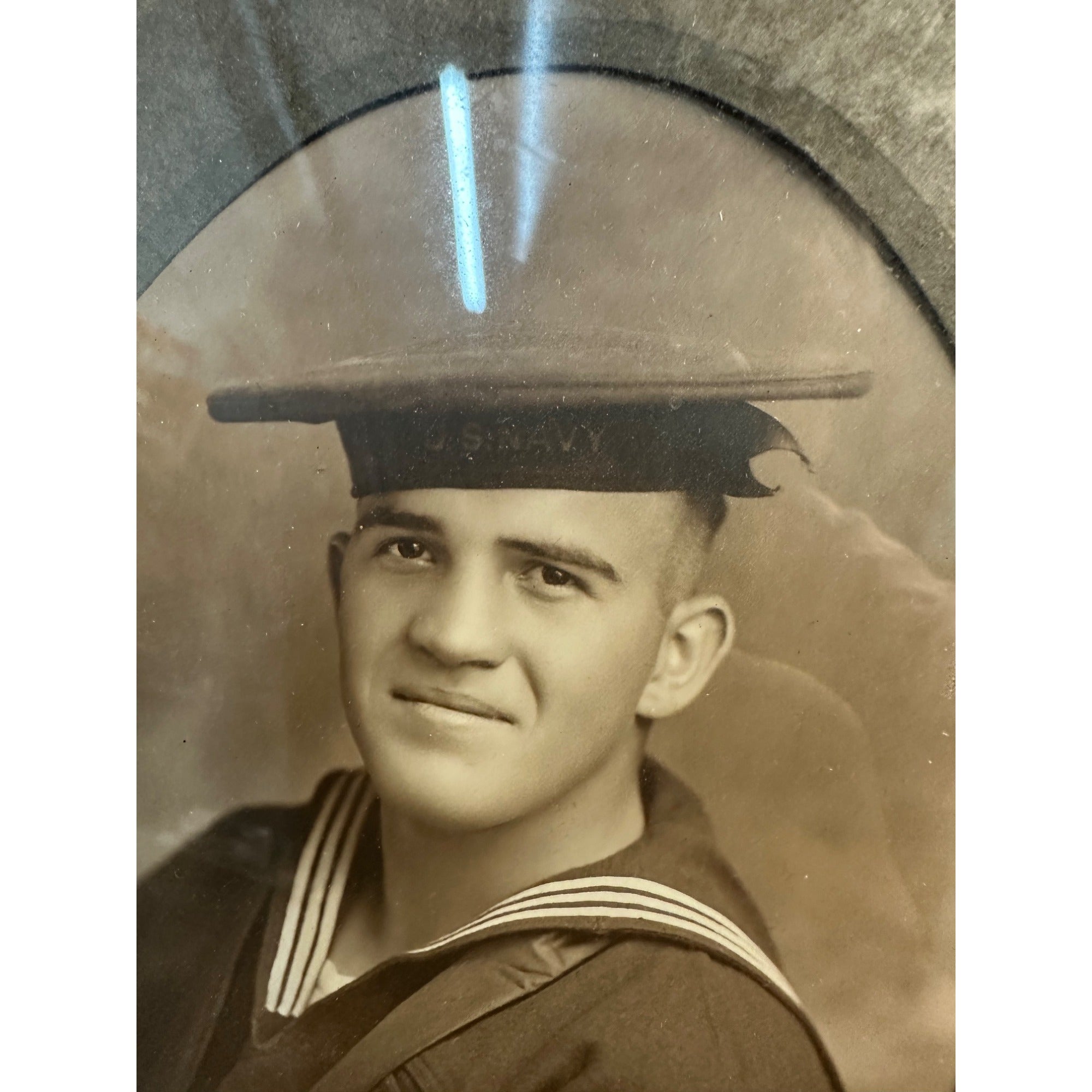 Original WWI US Navy Salior in Uniform Framed Photos, RPPC + Wisconsin Cap Hat