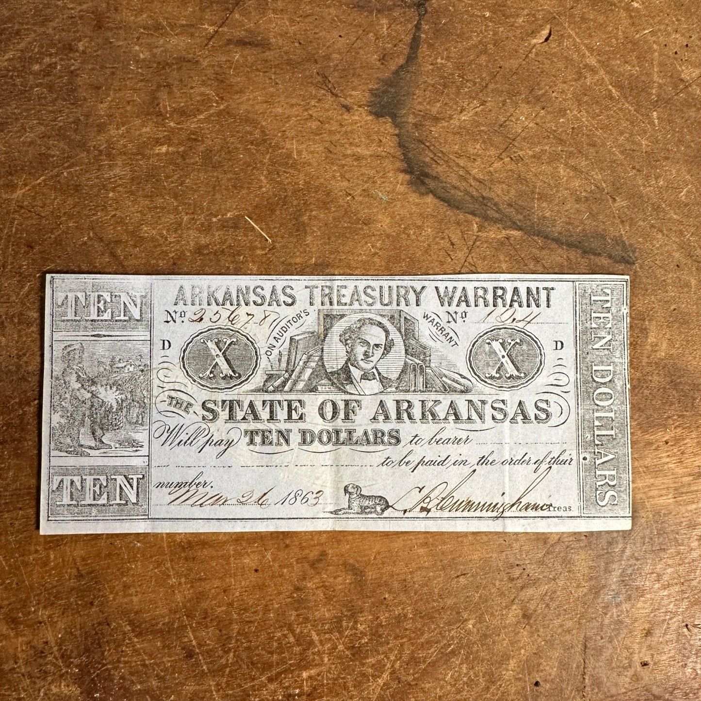 1863  $10 ARKANSAS TREASURY WARRANT CIVIL WAR ERA TEN DOLLARS FINE